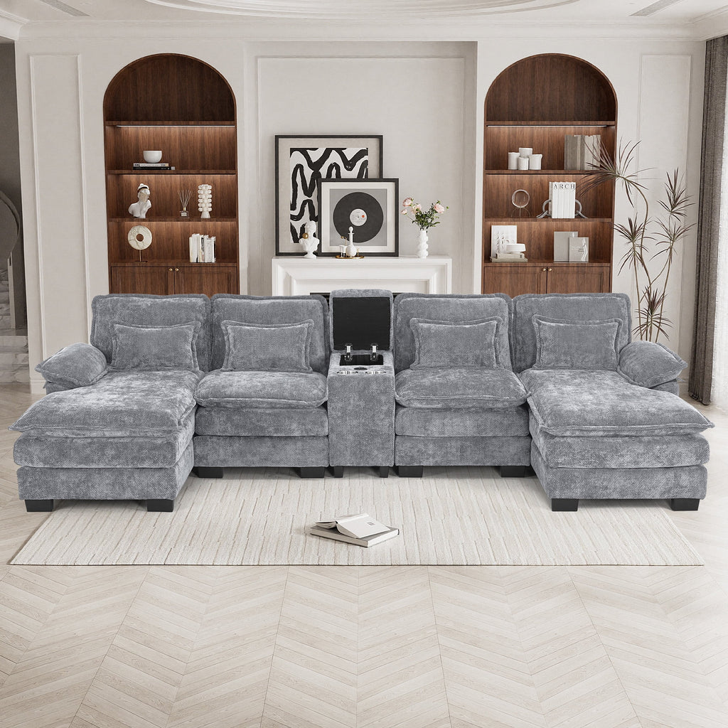Wiilayok U Shaped Cloud Couch Modular Sectional Sofa 124" Extra Deep Fluffy Chenille Double Chaise Lounge, Central Console w/ Dual USB-C & A Ports, Storm Gray