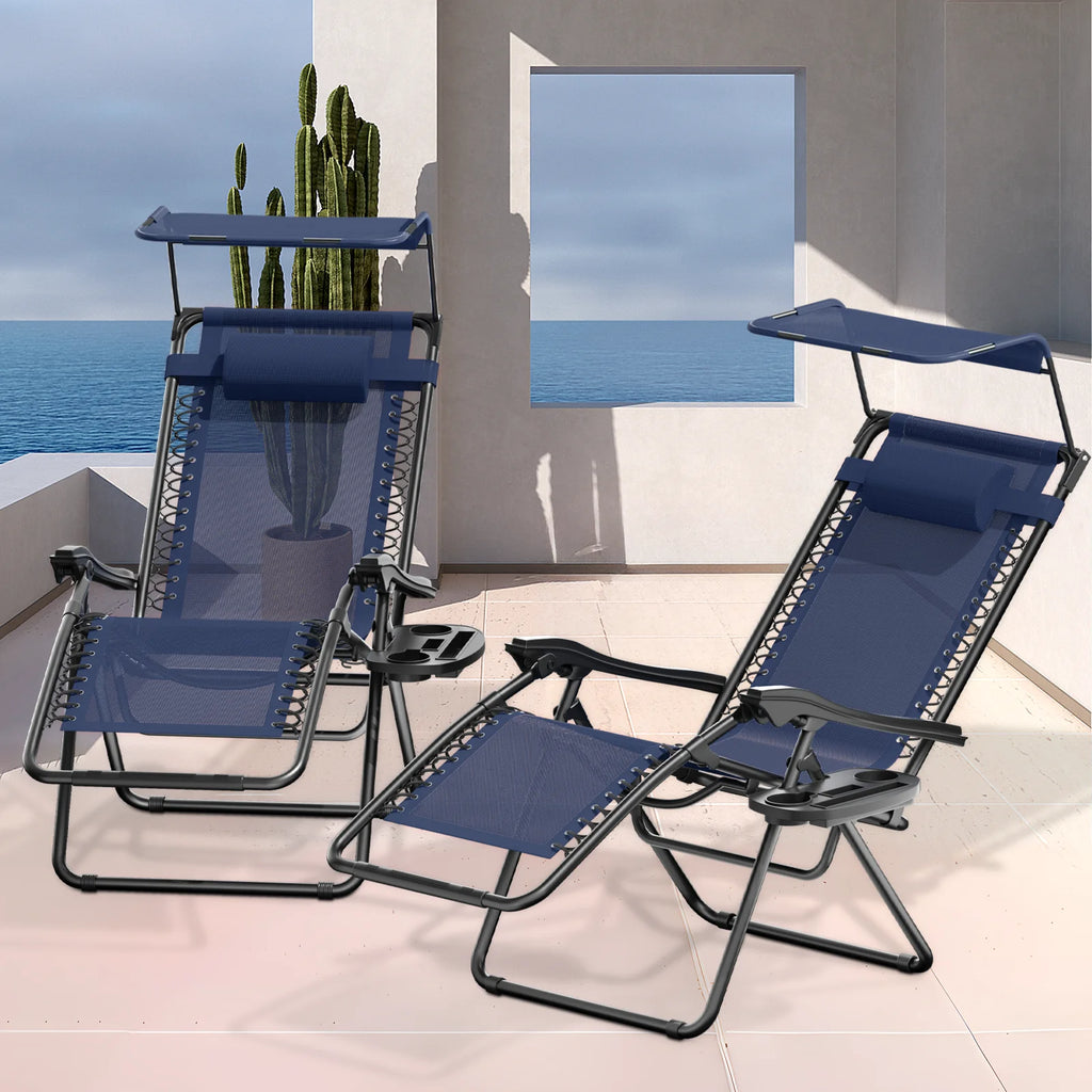 MoNiBloom Zero Gravity Chairs Set of 2, Folding Outdoor Patio Beach Recliner with Canopy Shade & Headrest, Black