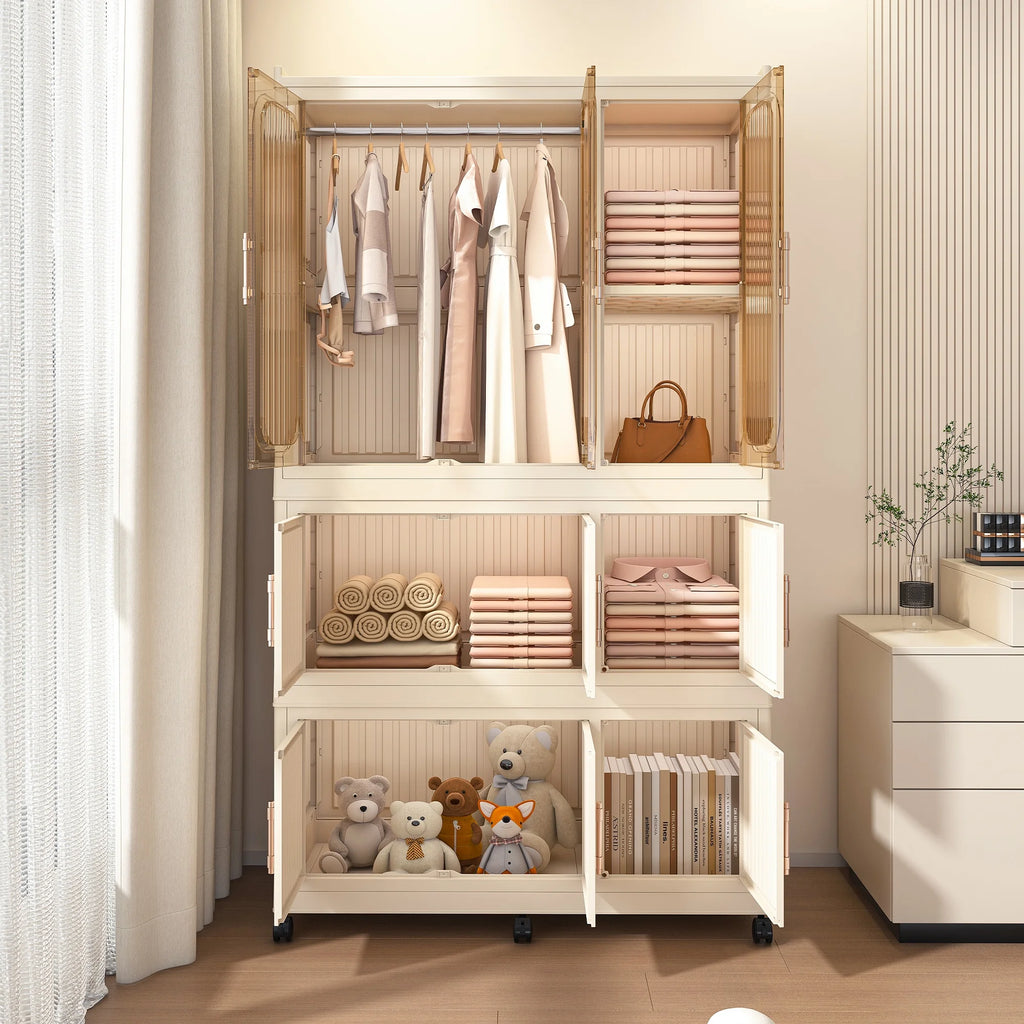 Montary Kids Portable Wardrobe w/ Magnetic Doors & Hanging Rod - 4-Cube Plastic Storage Cabinet,Nursery/Bedroom