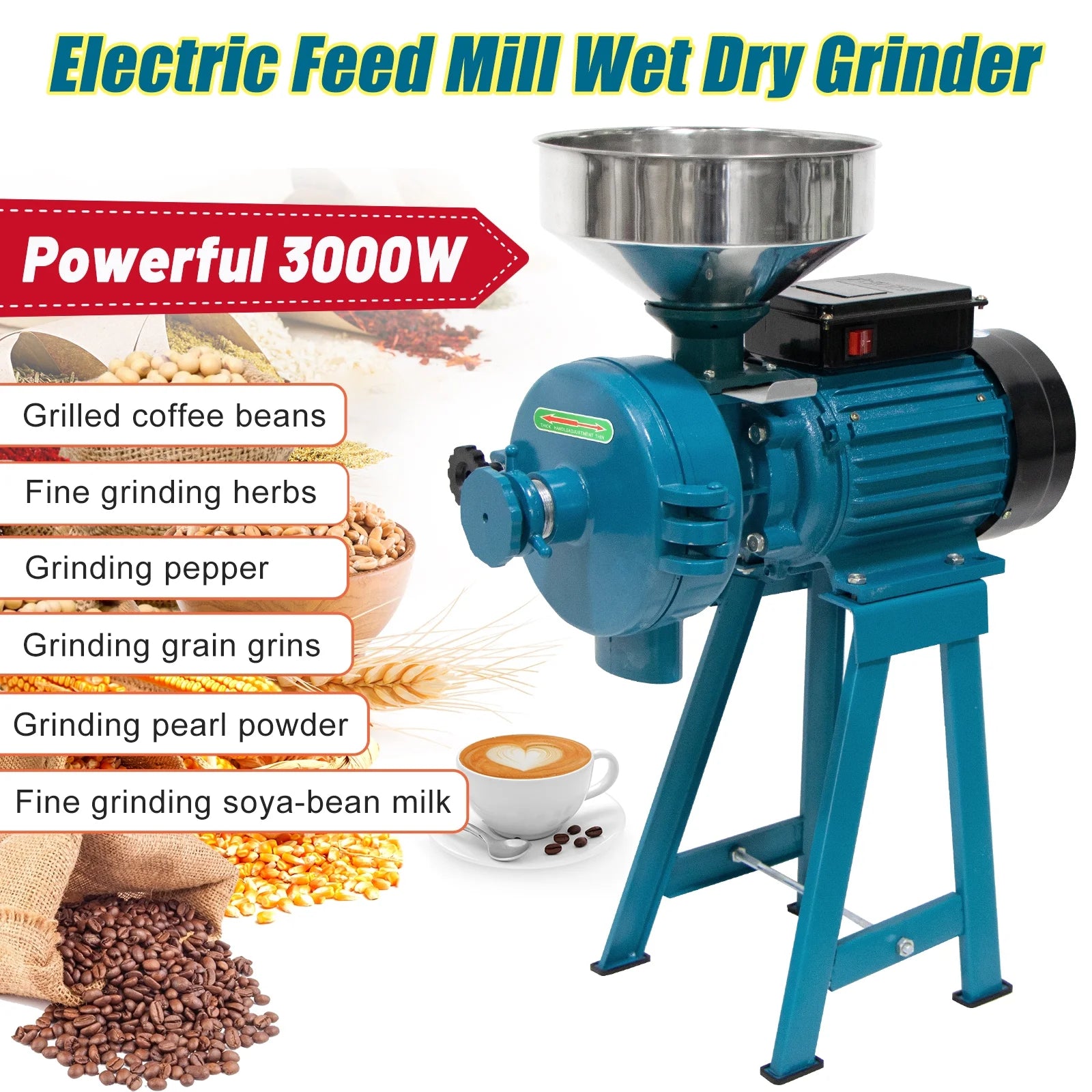 NAIZEA 3000W Electric Grain Mill, 110V Corn Grinder, Heavy Duty Commercial Feed Mill, Wet Dry Cereals Grinder