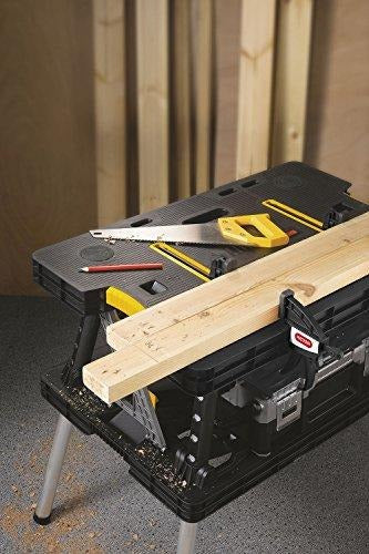 Keter �C 197283 Folding Table Work Bench for Miter Saw Stand, Woodworking Tools and Accessories with Included 12 Inch Wood Clamps �C Easy Garage Storage Black/Yellow