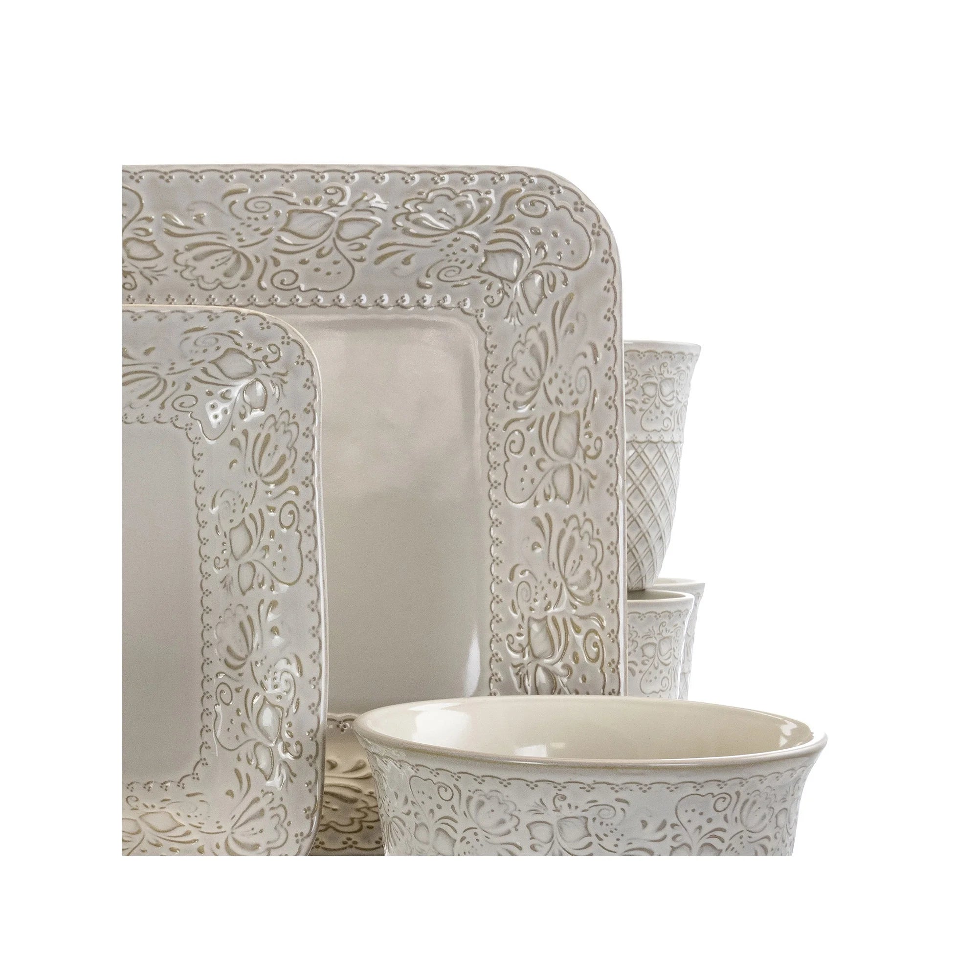 Elama Ivory Lotus 16 Piece Square Dinnerware Set