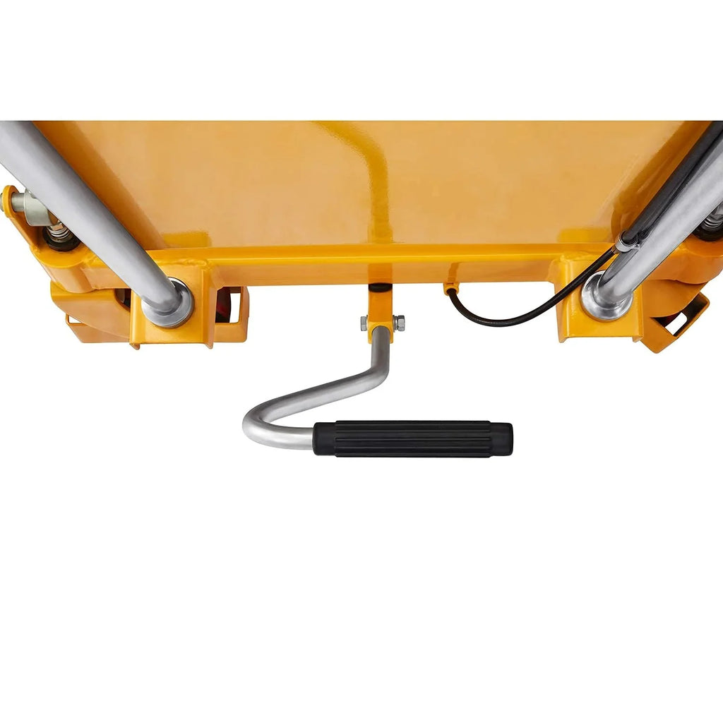 Hydraulic lifting table trolley �C load capacity 350 kg, maximum height 130 cm, double scissor lift table with safety device and 4 wheels