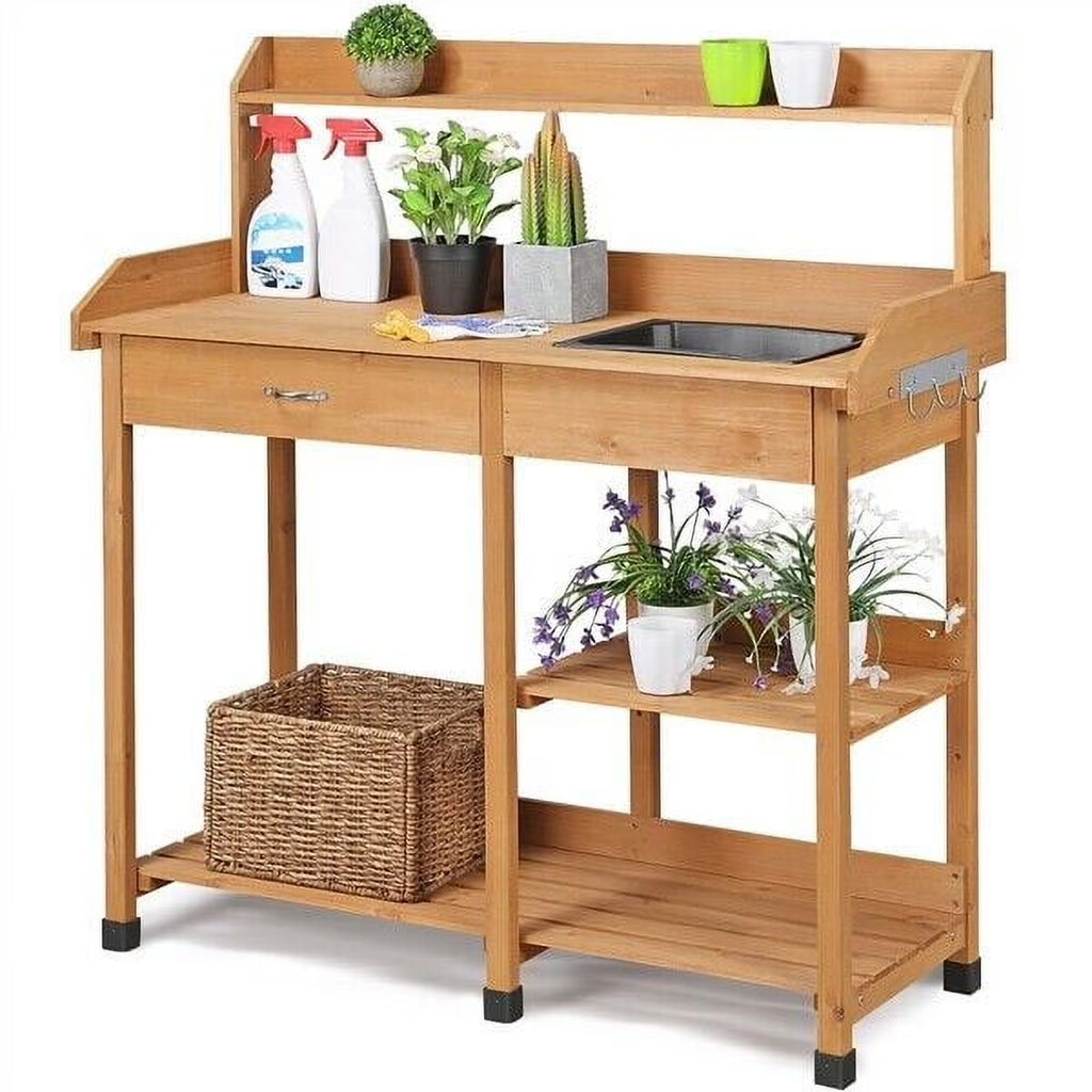 Veado Potting Bench Outdoor Garden Work Bench Station Planting Solid Wood Construction for Horticulture w/Sink Drawer Rack Shelves Natural Wood