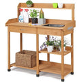 Veado Potting Bench Outdoor Garden Work Bench Station Planting Solid Wood Construction for Horticulture w/Sink Drawer Rack Shelves Natural Wood