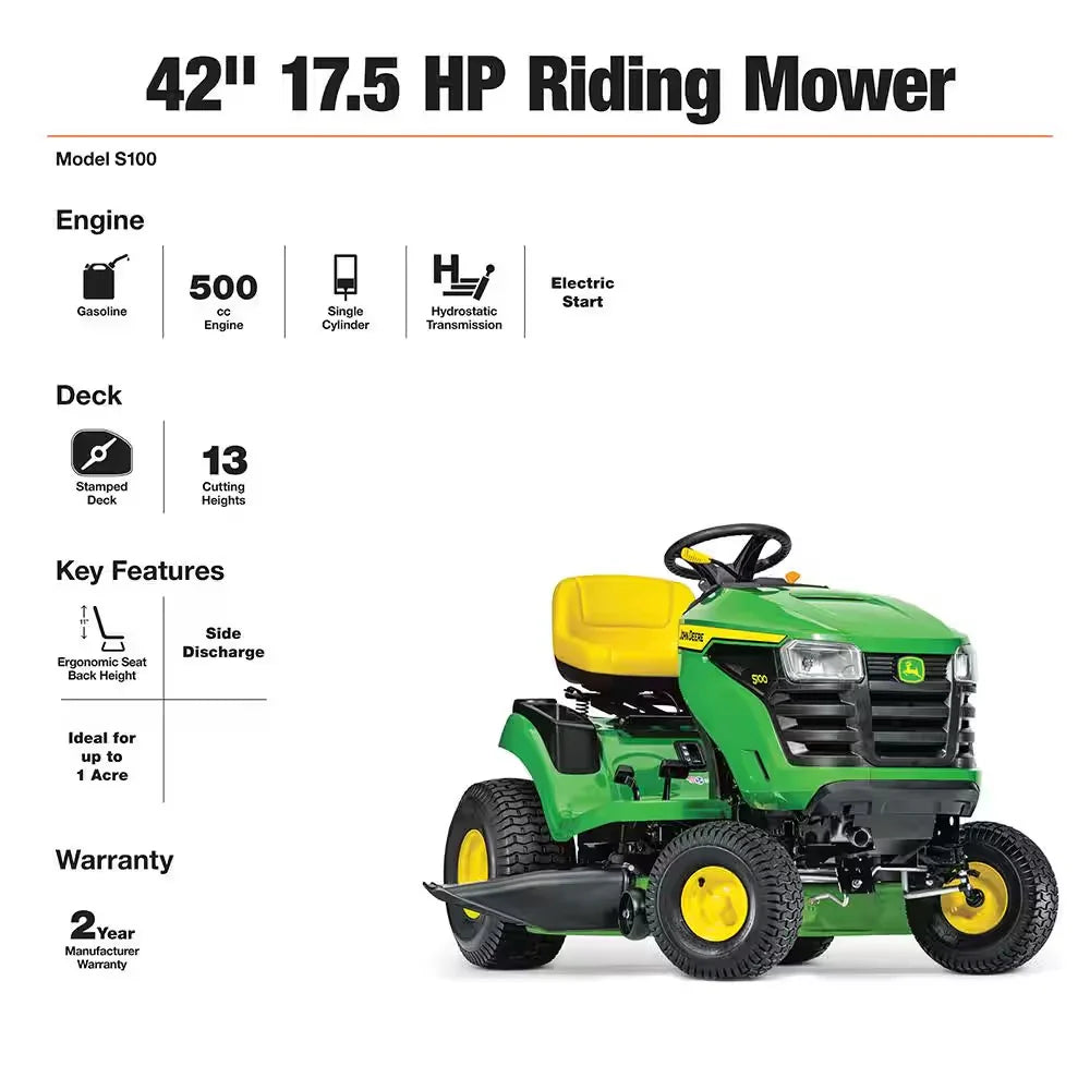 John Deere S100 ride-on lawnmower, 107 cm (42 inch) cutting width �C 17.5 hp petrol hydrostatic drive