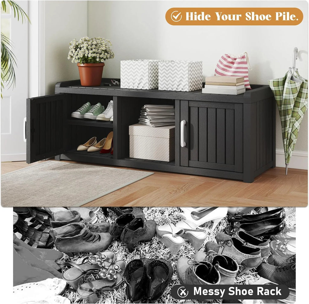 KAMABOKO Outdoor Shoe Storage Cabinet, Waterproof UV-Resistant Entryway Storage Bench Indoor Outdoor with 2 Barn Doors, Adjustable Shelves for Entryway, Bedroom, Hallway,Living Room(Black)