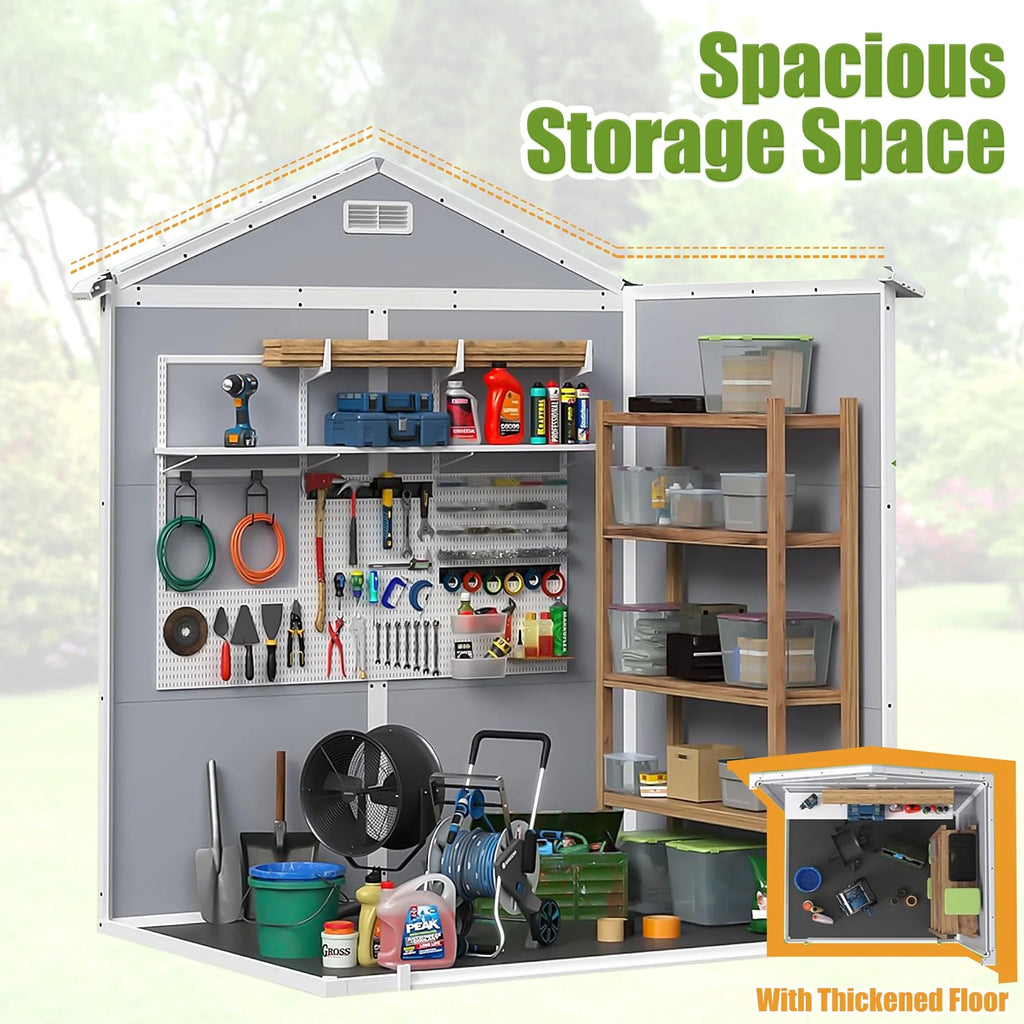 Enyopro 6 x 4.4FT Outdoor Storage Shed, All-Weather Plastic Resin Utility Tool Large Shed with Dual Lockable Doors for Patio Backyard Lawn, Gray