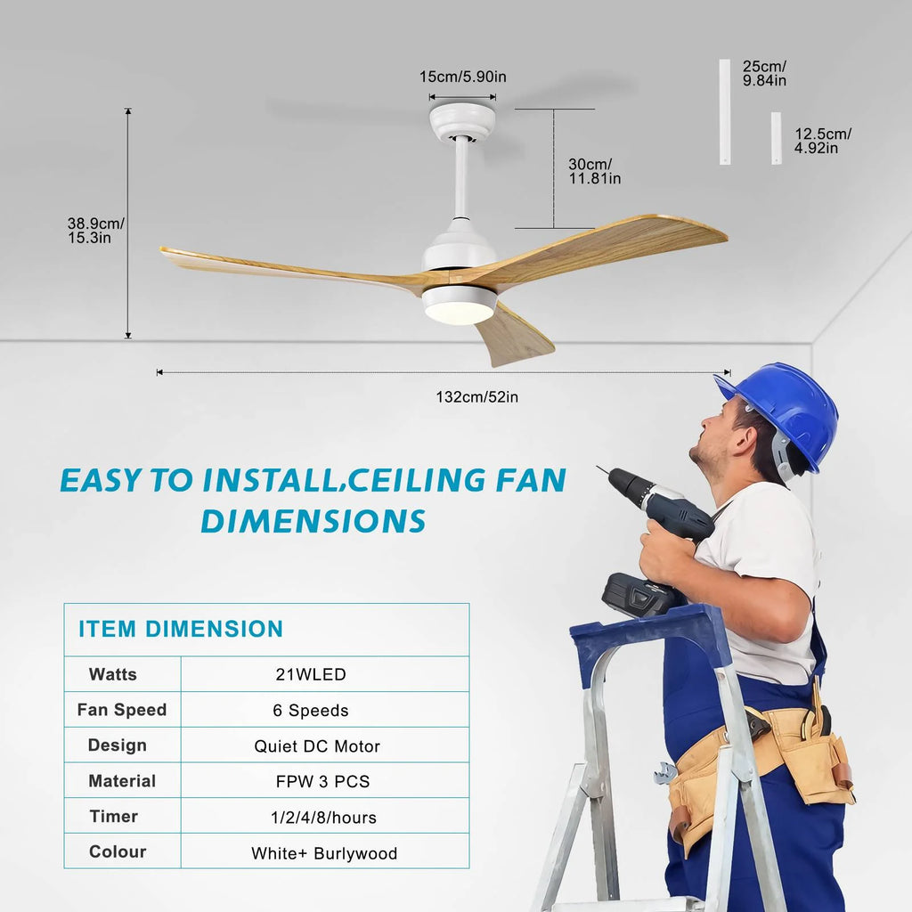 52" Ceiling Fan with Lights Remote Control,Quiet DC Motor 3 Blade Ceiling Fans 6 Speed Levels,Reversible Ceiling Fan, for Patio Living Room, Bedroom, Office,Indoor.(Matte Black +Black Walnut )