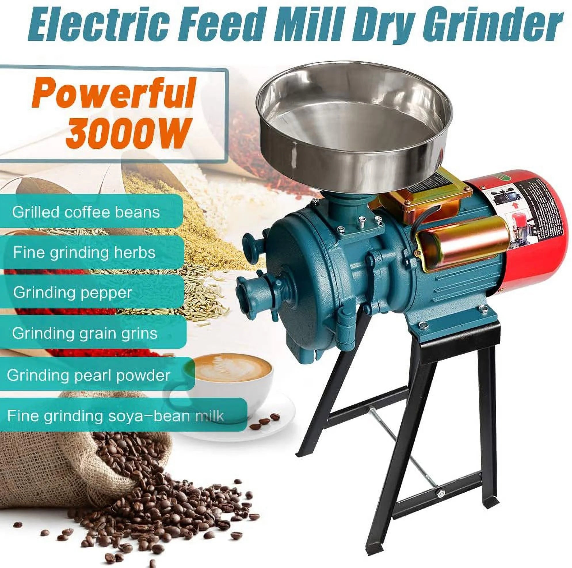 NAIZEA 3000W Electric Grain Mill, 110V Corn Grinder, Heavy Duty Commercial Feed Mill, Wet Dry Cereals Grinder