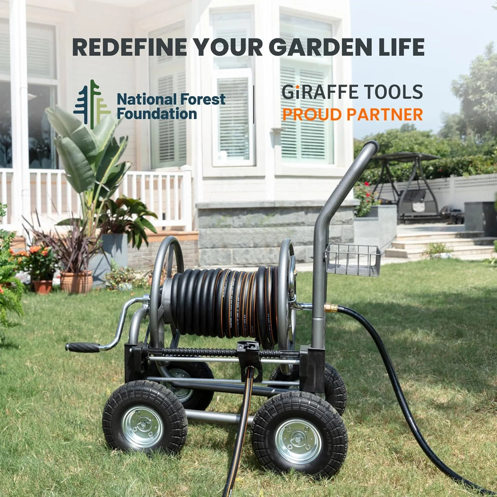 Giraffe Tools Heavy Duty Industrial Garden Hose Reel Cart with Wheels, 5/8in-250ft Hose Capacity