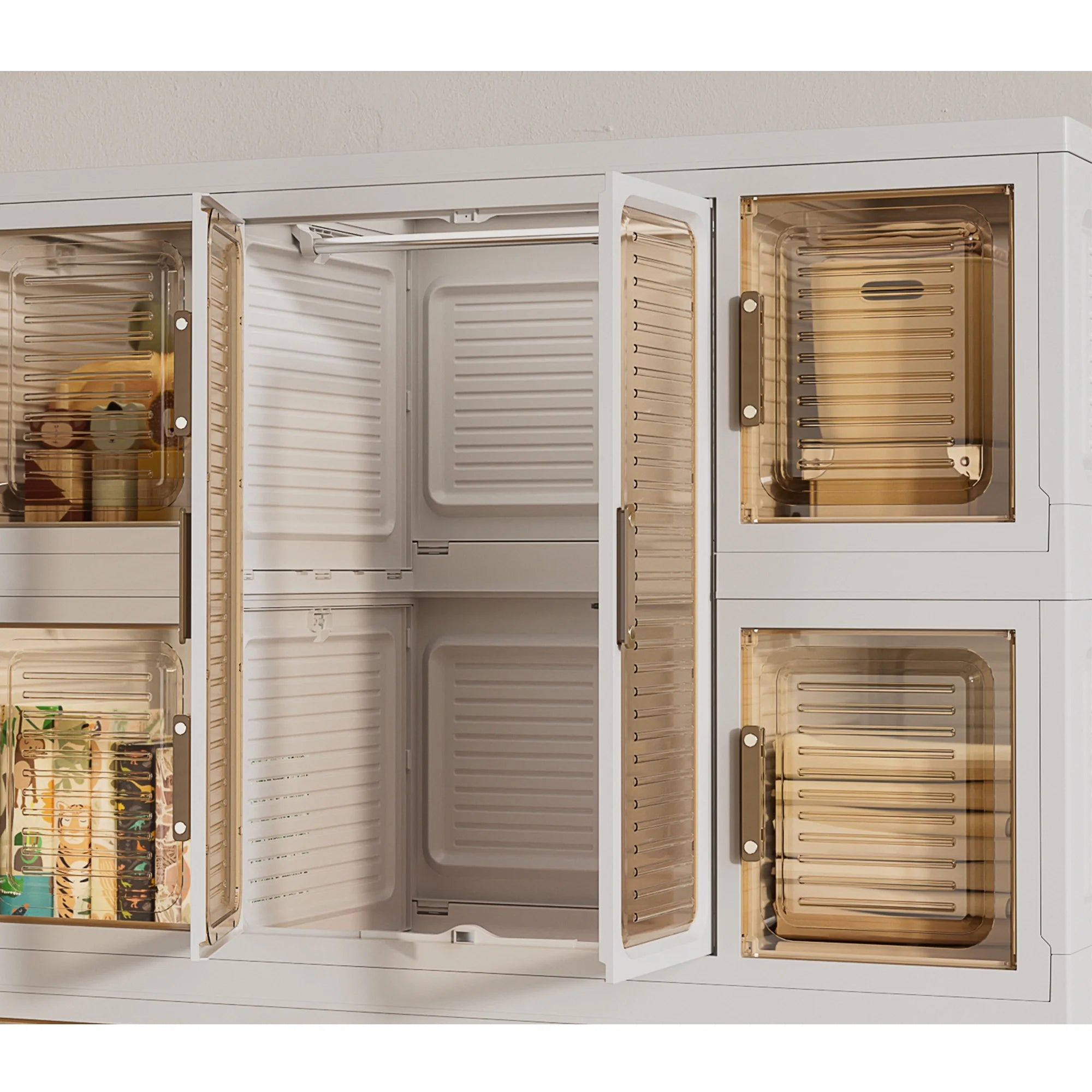 Montary Kids Portable Wardrobe w/ Magnetic Doors & Hanging Rod - 4-Cube Plastic Storage Cabinet,Nursery/Bedroom