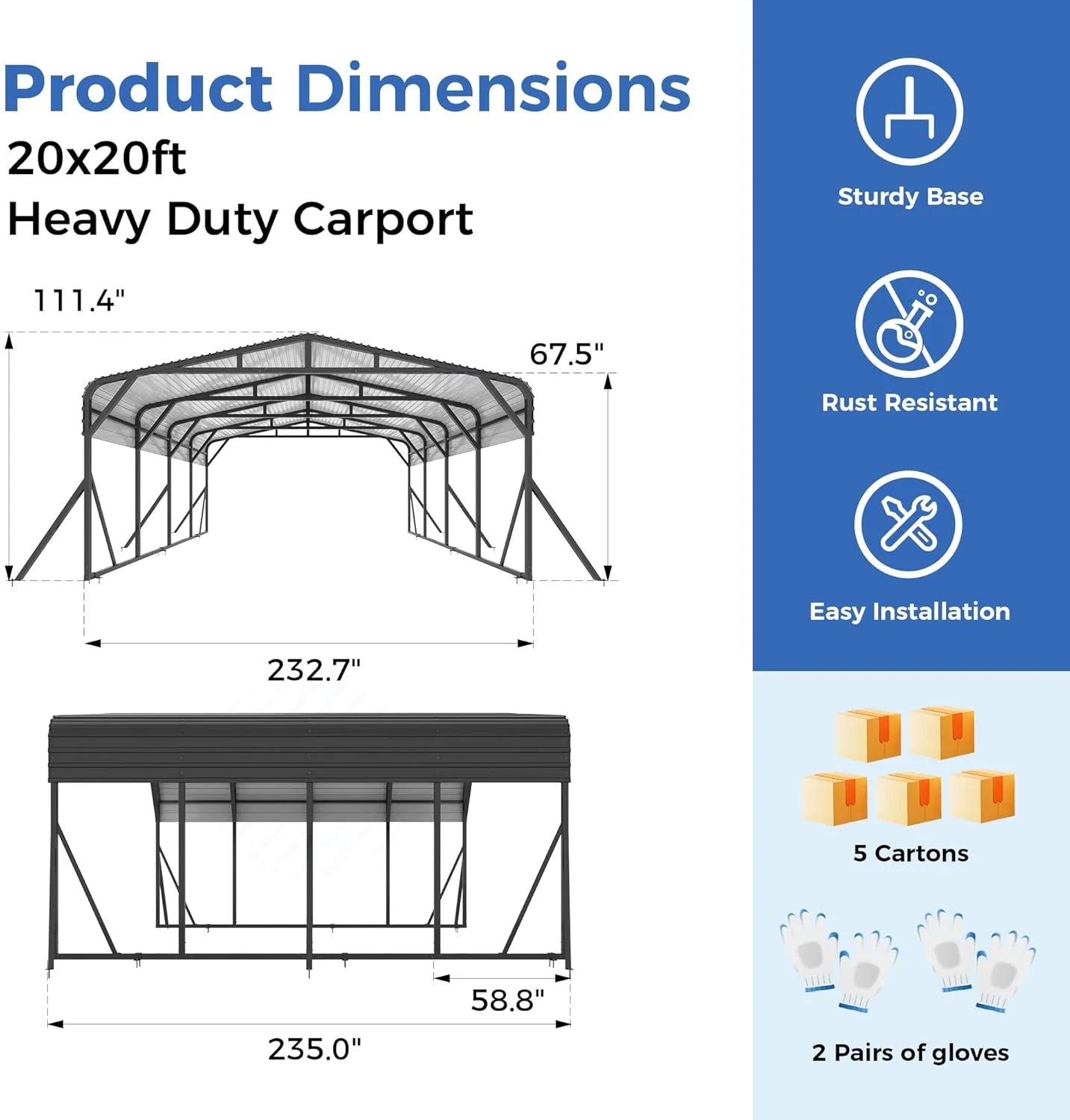 MUCHANT 12��X20�� Outdoor Heavy-Duty Carport Galvanized Steel Roof with Reinforced Stable Triangle Frame & Enhanced Base for Car, Pickup and Truck