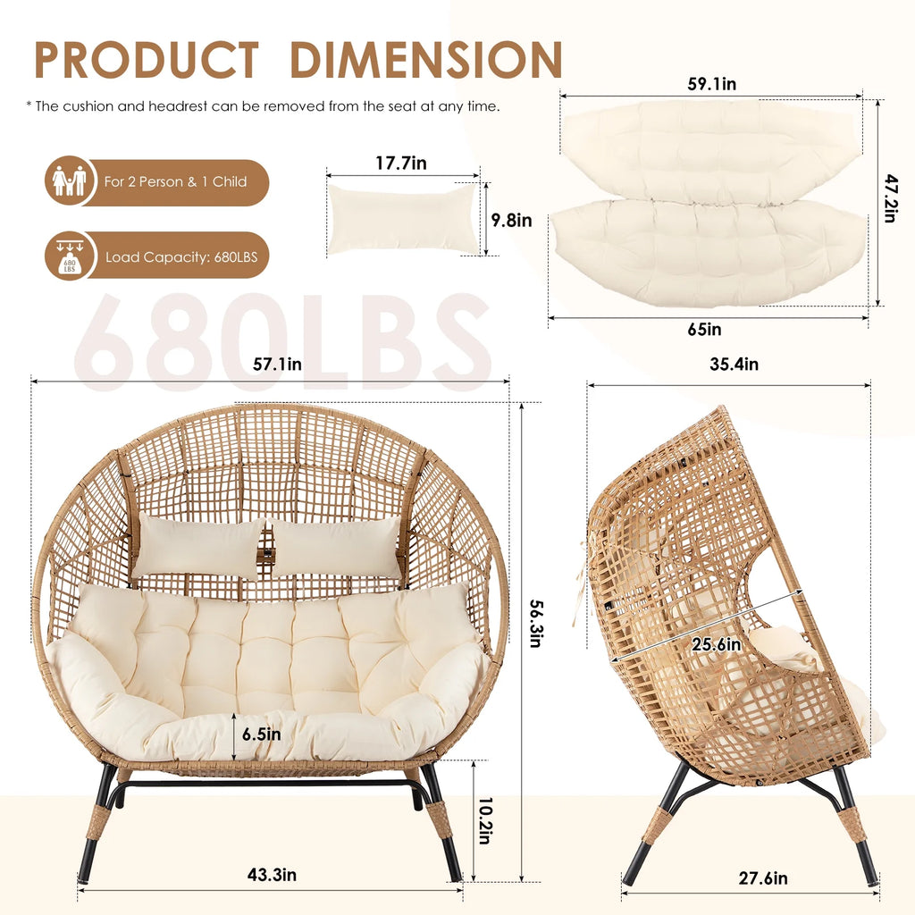 RADIATA Double Egg Chair for 2 Person, Oversized Wicker Loveseat with Thick Cushions, 680 lbs Capacity, Indoor Outdoor Stationary Patio Lounge Chair for Balcony, Garden, Beige