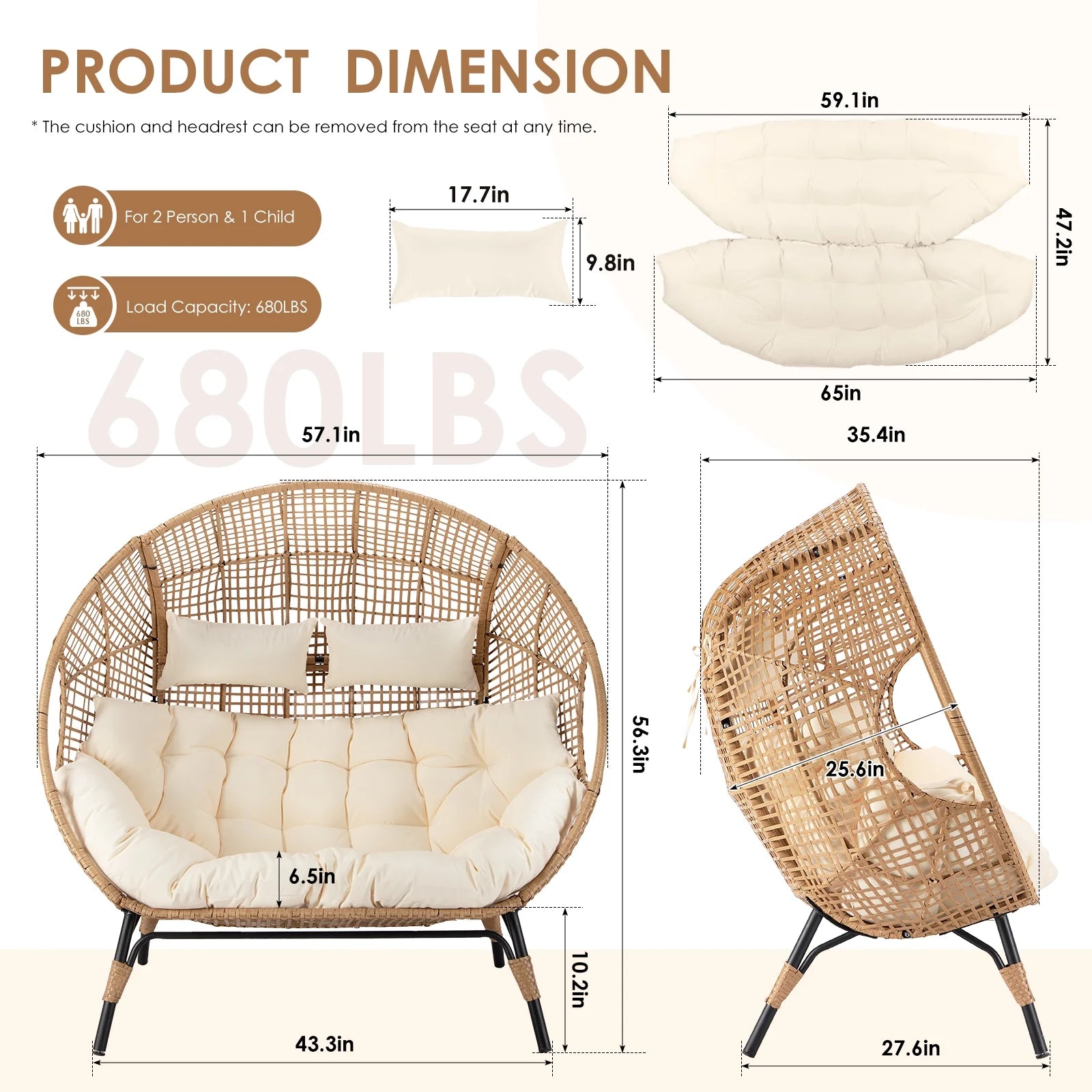 RADIATA Double Egg Chair for 2 Person, Oversized Wicker Loveseat with Thick Cushions, 680 lbs Capacity, Indoor Outdoor Stationary Patio Lounge Chair for Balcony, Garden, Beige