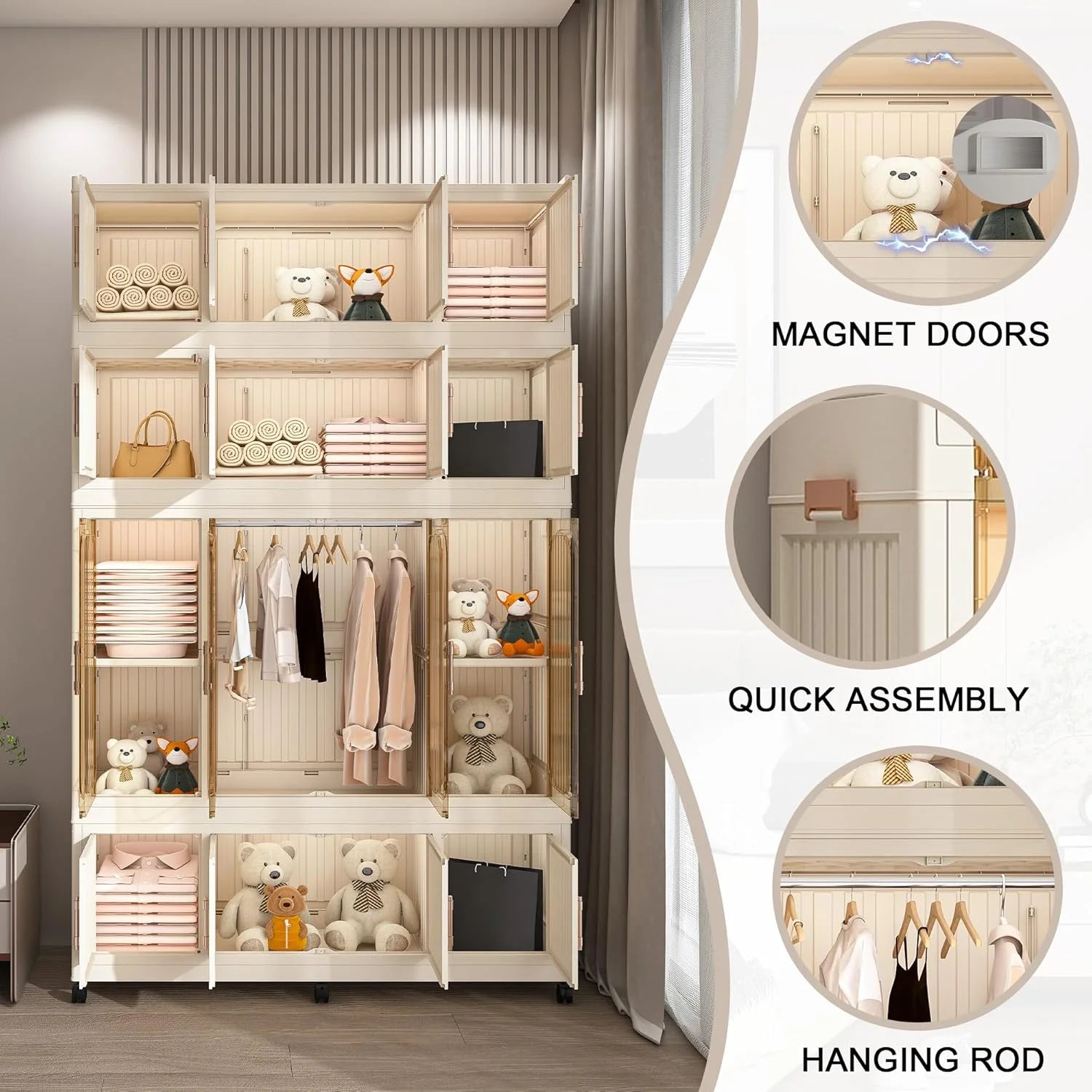 Montary Kids Portable Wardrobe w/ Magnetic Doors & Hanging Rod - 4-Cube Plastic Storage Cabinet,Nursery/Bedroom