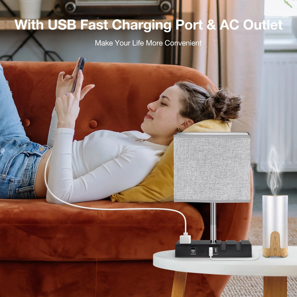 Touch Control Table Lamp with 2 USB Charging Ports, 1 AC Outlets and 2 Phone Stands, Modern USB Desk Lamp with Black Wooden Base and Grey Shade Suitable for Bedroom, Living Room