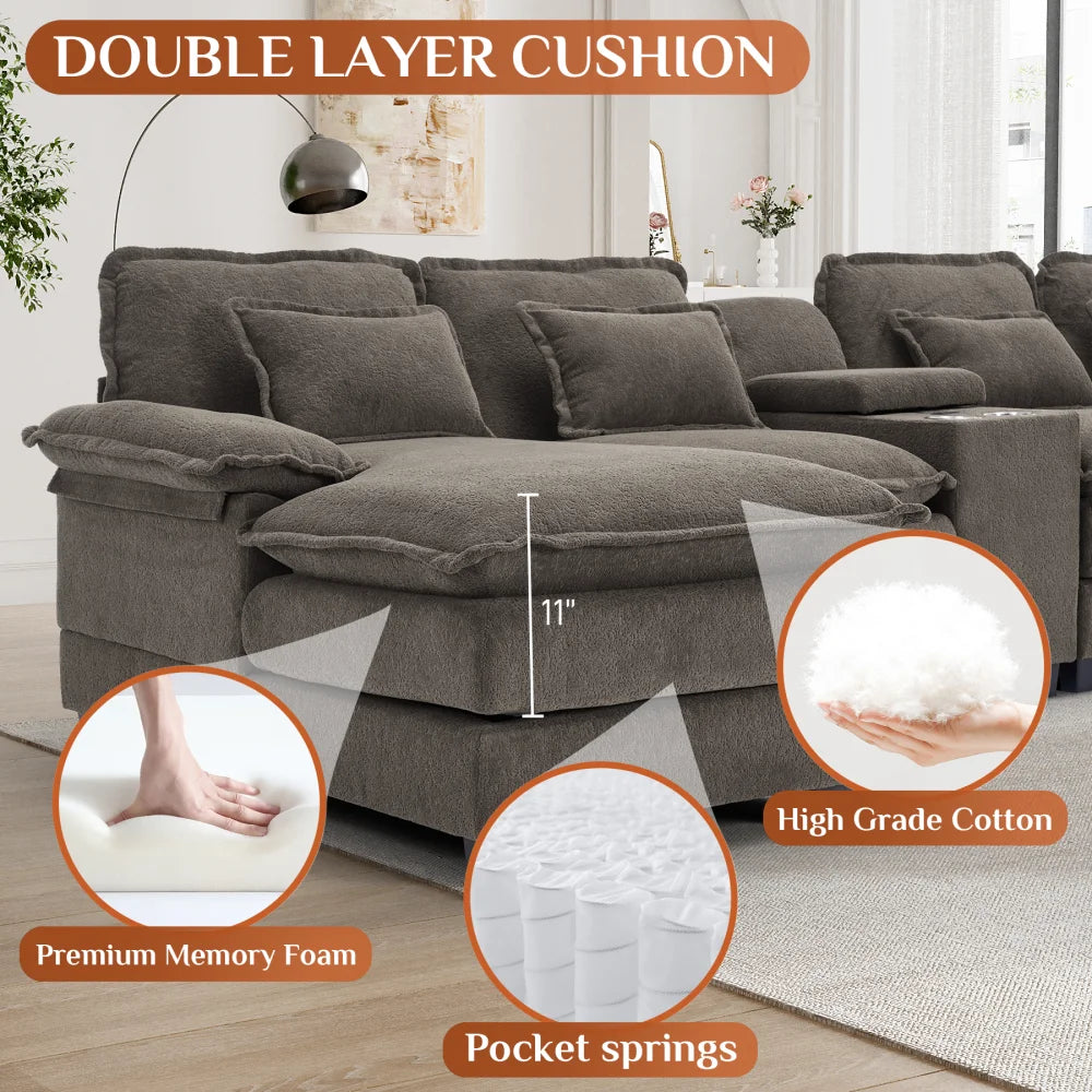Wiilayok U Shaped Cloud Couch Modular Sectional Sofa 124" Extra Deep Fluffy Chenille Double Chaise Lounge, Central Console w/ Dual USB-C & A Ports, Storm Gray