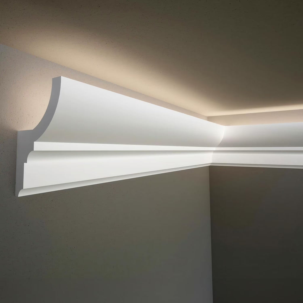7-Piece 94.5?? (55.12 ft) Crown Molding with Duct Kit for Seamless Ambient Home Accent Lighting | Waterproof Channel for Easy LED Strip Installation (CROWN MOLDING WITH LED DUCT)