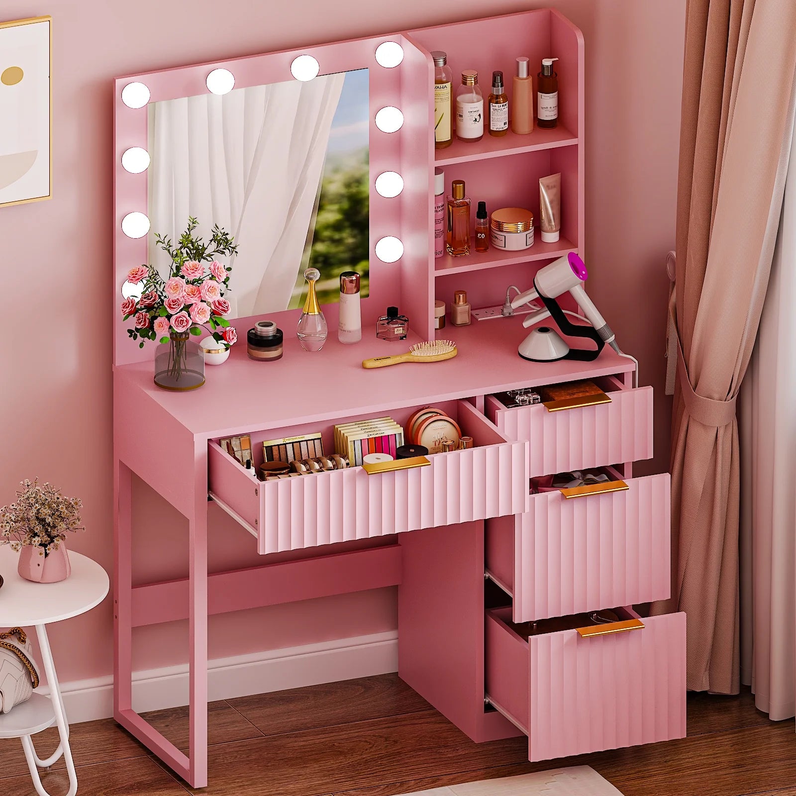 Ktaxon Vanity Set with 3 Color Lighted Mirror, Makeup Table with 3 Storage Shelves & Drawers, Dressing Table Makeup Desk with Stool,White