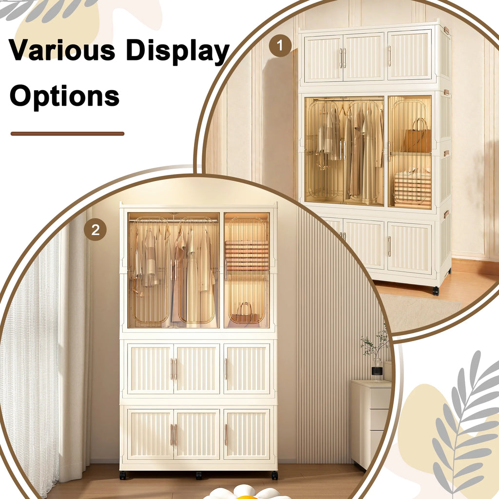 Montary Kids Portable Wardrobe w/ Magnetic Doors & Hanging Rod - 4-Cube Plastic Storage Cabinet,Nursery/Bedroom