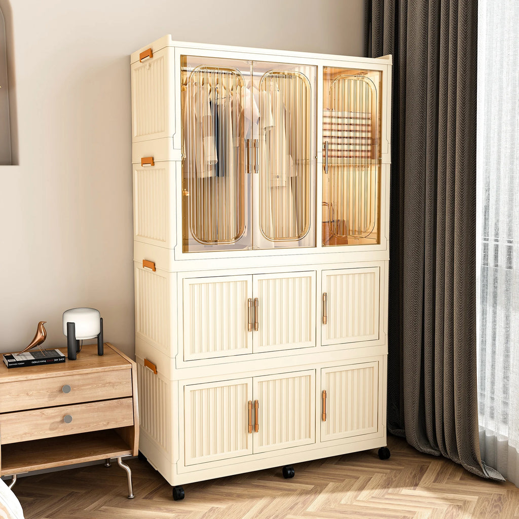 Montary Kids Portable Wardrobe w/ Magnetic Doors & Hanging Rod - 4-Cube Plastic Storage Cabinet,Nursery/Bedroom