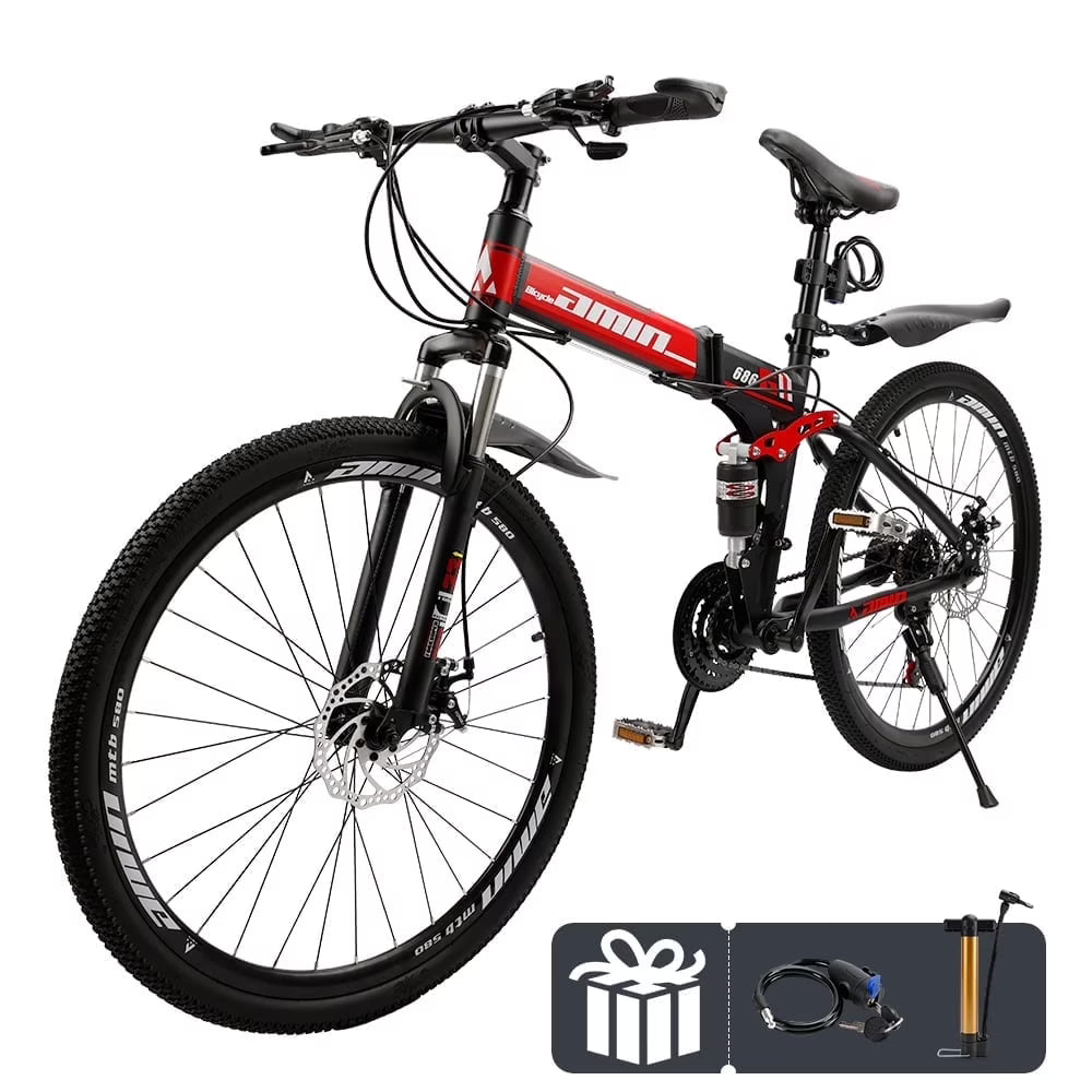 Artudatech Folding Mountain Bike 26 Inch Shimano 21 Speed Dual Disc Brake - Adult - Red