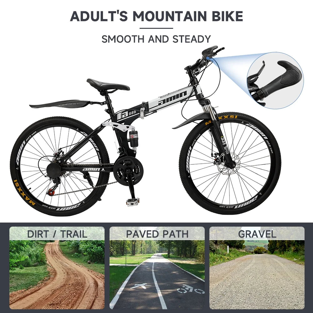 Artudatech Folding Mountain Bike 26 Inch Shimano 21 Speed Dual Disc Brake - Adult - Red
