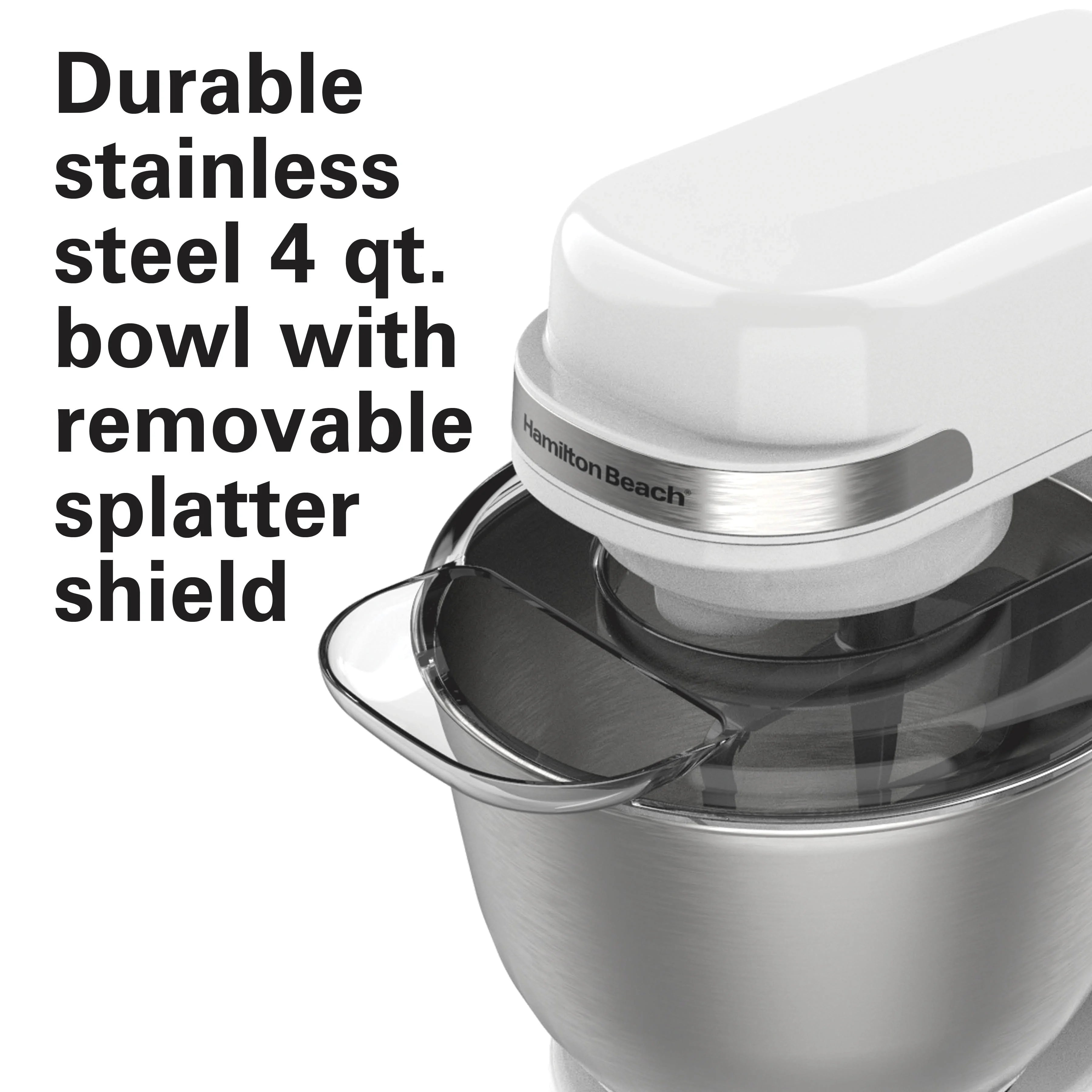 Hamilton Beach 4 Quart Stand Mixer for Kitchen, 7 Speeds, Tilt-Head, Dough Hook, Whisk & Flat Beater, White