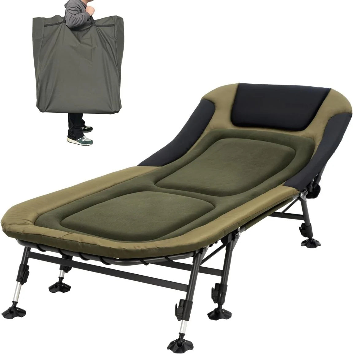 Camping Cots for Adults 330Lbs with Carry Bag, Heavy Duty Folding Bed with Soft Padded Cushion, Portable Military Cot for Hunting, 180�� Adjustable Reclining Outdoor Lounger