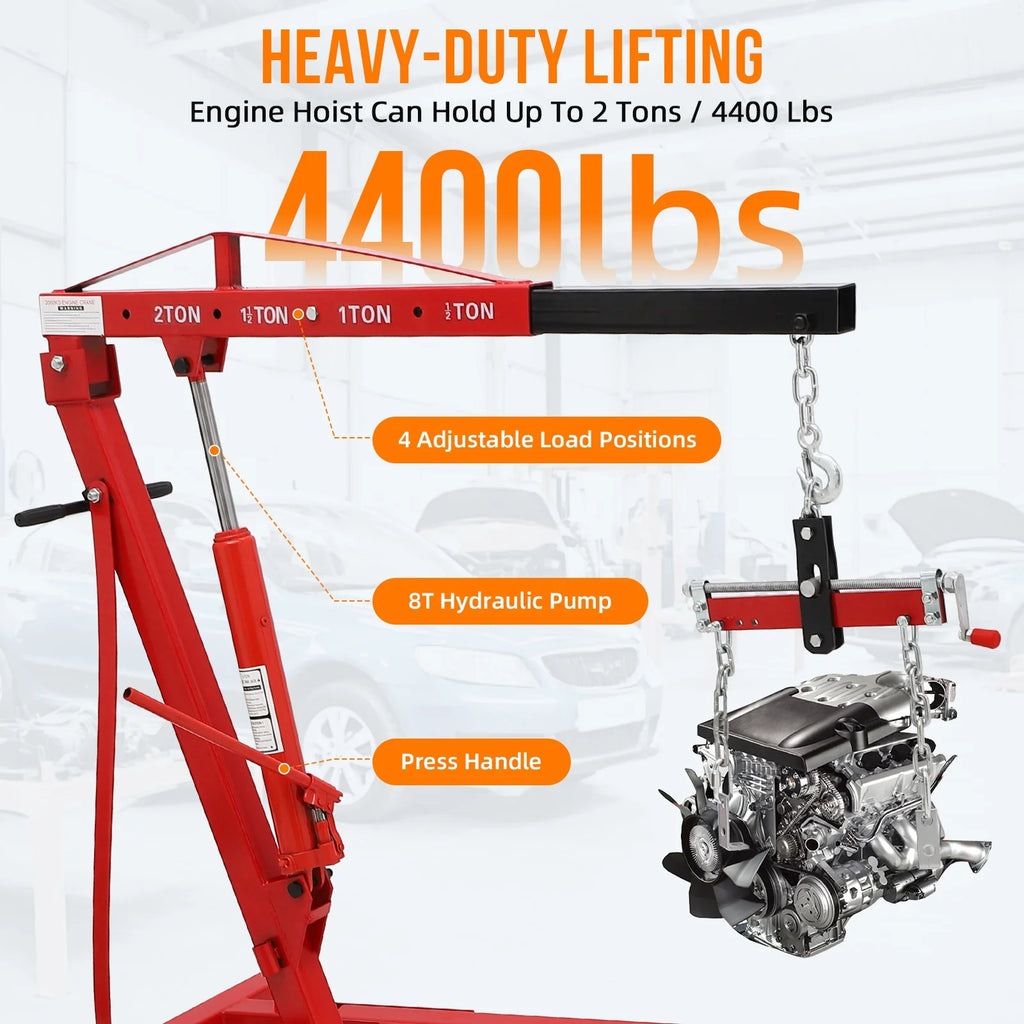 JoanKaren Hydraulic Engine Hoist,4400lbs Max Weight,Folding Engine Lift Shop Crane with Lever and 6 Steel Caster Wheels,Yellow