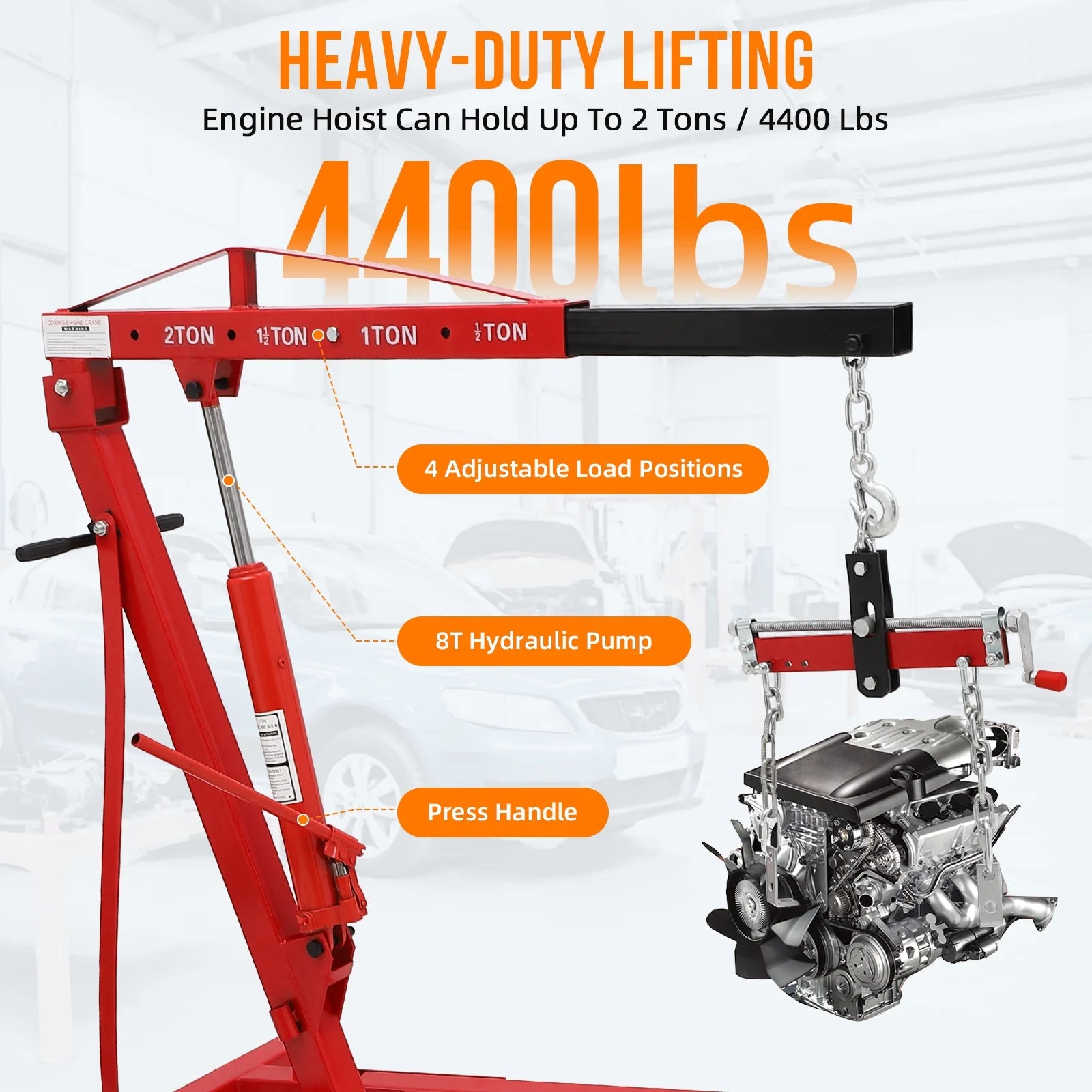 JoanKaren Hydraulic Engine Hoist,4400lbs Max Weight,Folding Engine Lift Shop Crane with Lever and 6 Steel Caster Wheels,Yellow