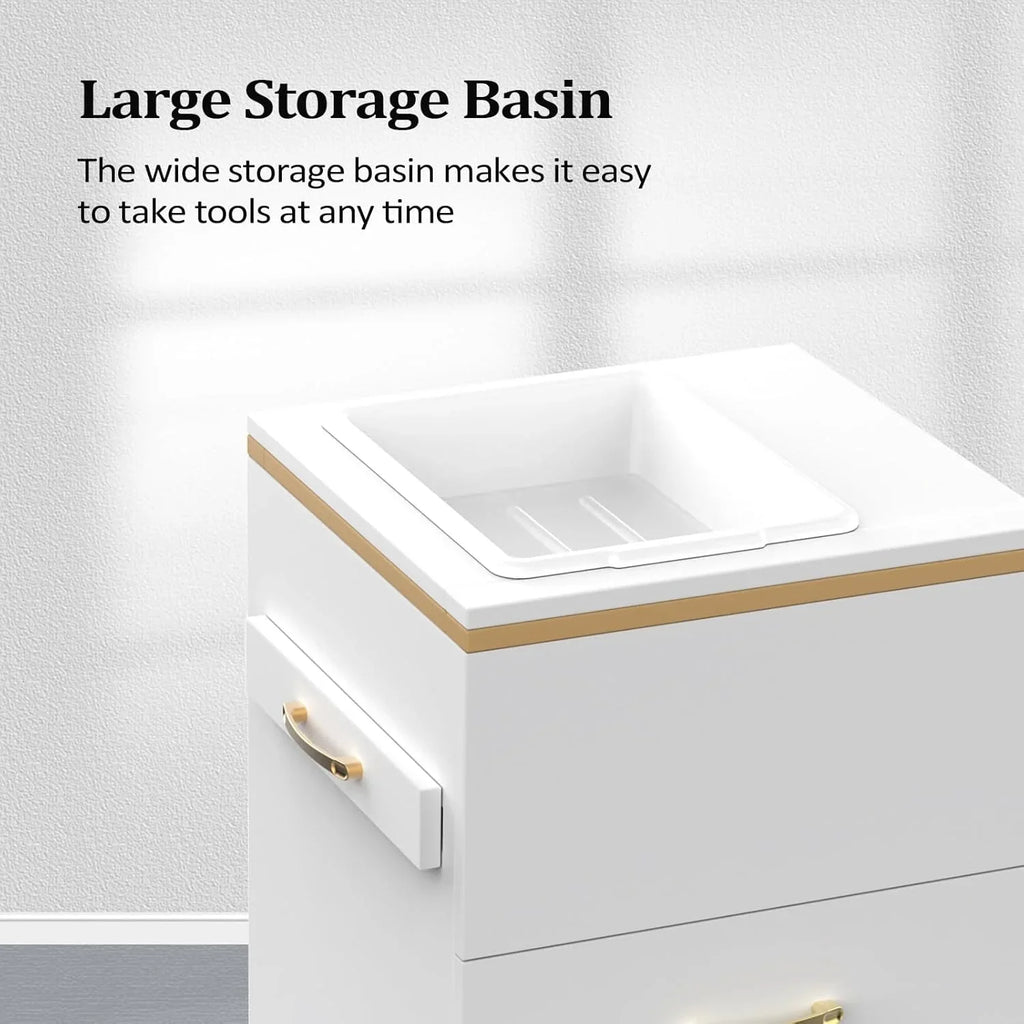 OmySalon Salon Storage Station, Barber Stations Beauty Salon Spa Equipment with 3 Drawers, a Storage Basin, 3 Hair Dryer Holders for Hair Styling, White Gold