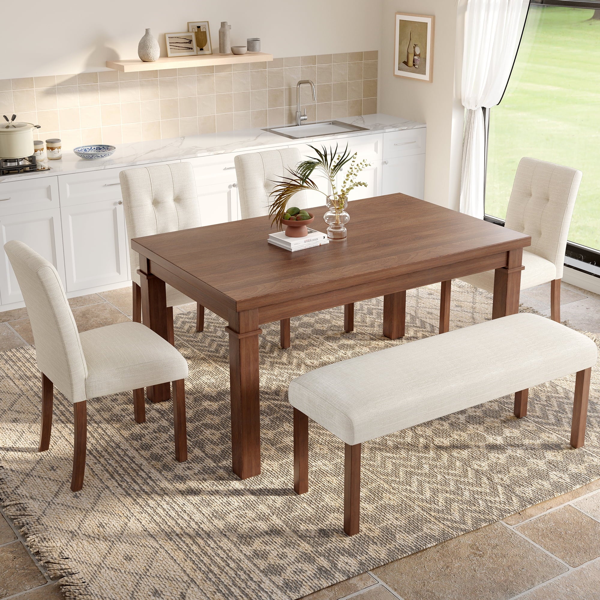 Euroco 6-Piece Wood Dining Table Set for 6, Modern Rectangular Kitchen Table with 4 Upholstered Chairs & Bench for Kitchen Dining Room,Walnut