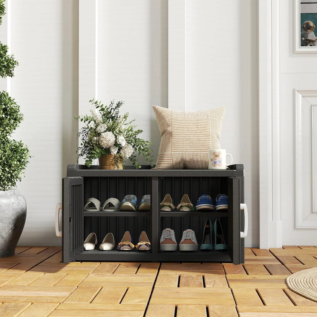 KAMABOKO Outdoor Shoe Storage Cabinet, Waterproof UV-Resistant Entryway Storage Bench Indoor Outdoor with 2 Barn Doors, Adjustable Shelves for Entryway, Bedroom, Hallway,Living Room(Black)