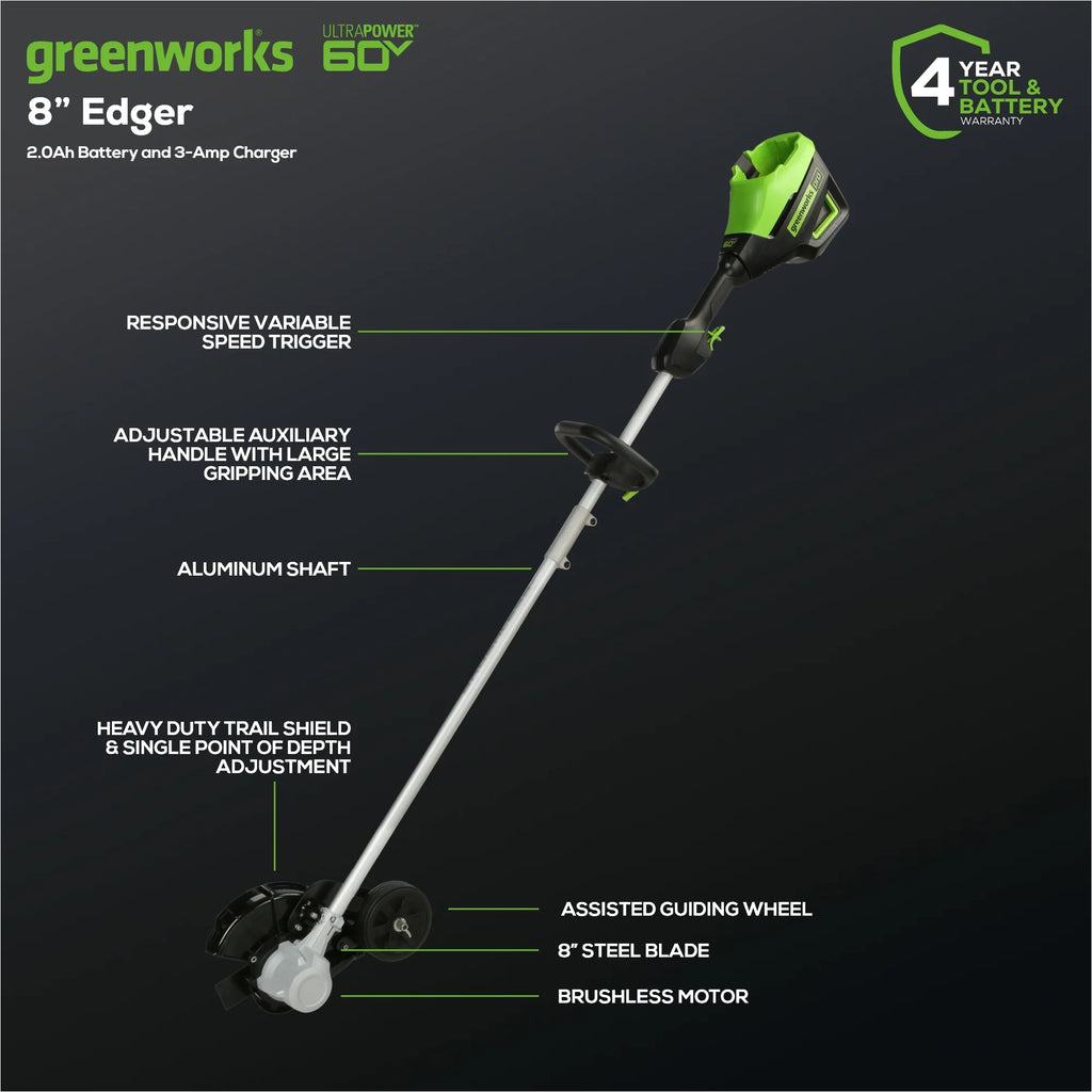 Greenworks 60V 8" Brushless Cordless Edger, 2.0 Ah Battery and Charger Included
