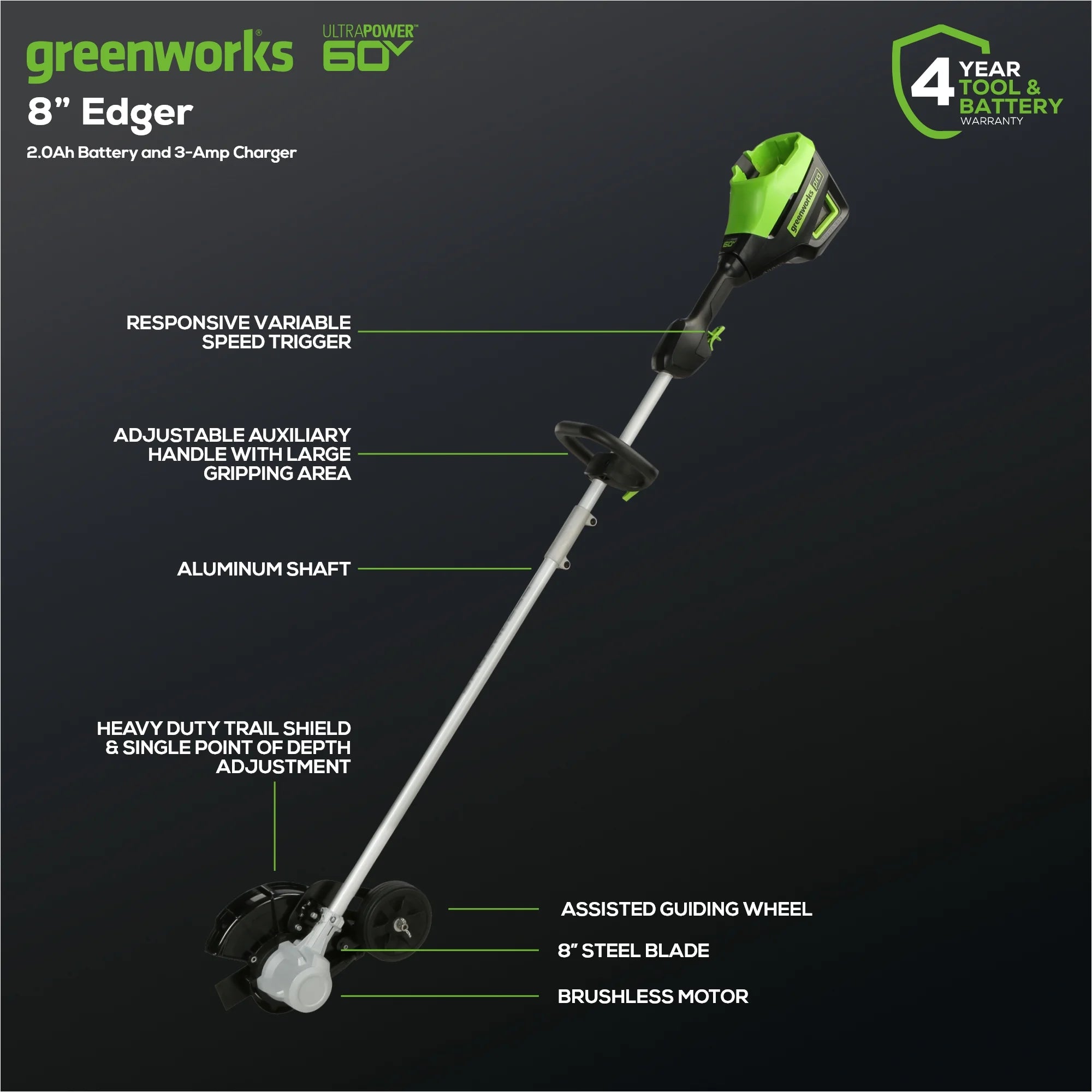 Greenworks 60V 8" Brushless Cordless Edger, 2.0 Ah Battery and Charger Included