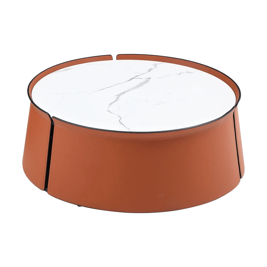 31.5inch Coffee Table, Marble Top+Orange Saddle Leather Body+Iron Frame