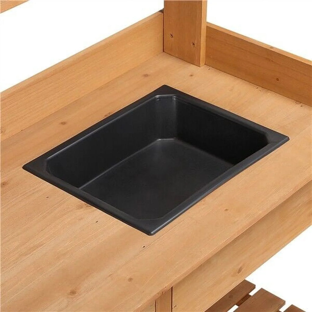 Veado Potting Bench Outdoor Garden Work Bench Station Planting Solid Wood Construction for Horticulture w/Sink Drawer Rack Shelves Natural Wood