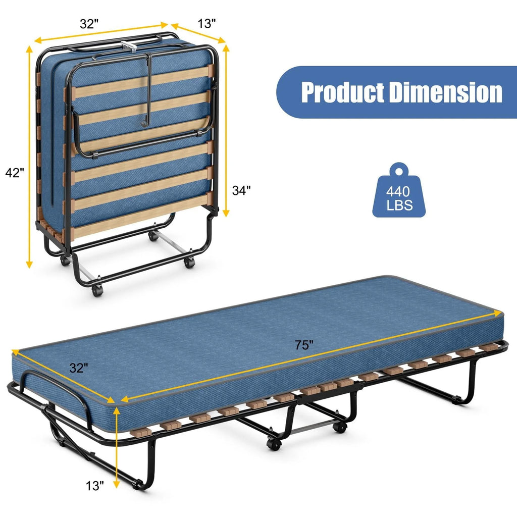 Giantex Rollaway Bed with Memory Foam Mattress, Folding Portable Guest Cot Size w/Sturdy Metal Frame for Home, Garden & Office, Made in Italy (Navy)