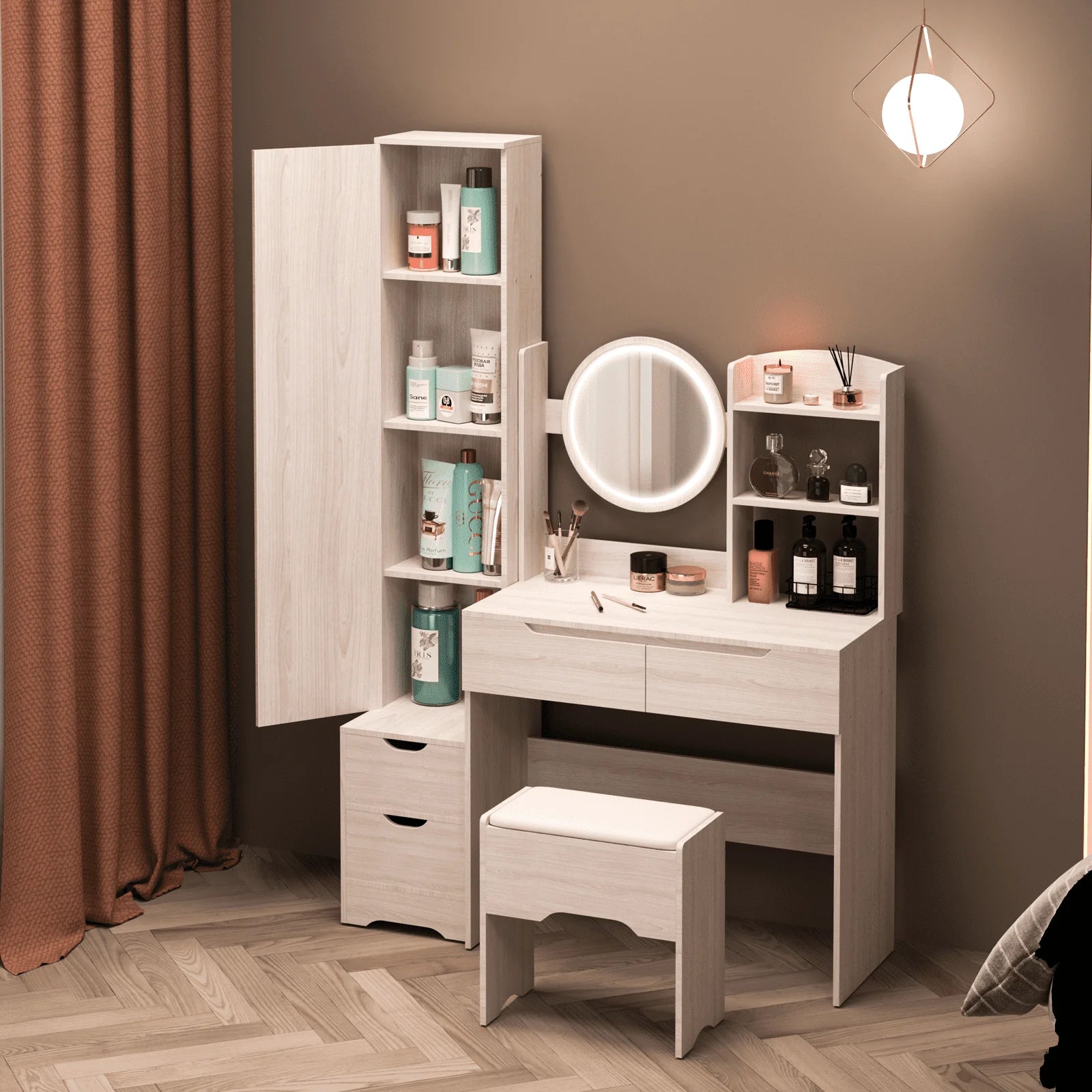 UBesGoo Lighted Vanity Table Set, Dressing Table with Full Length Mirror, Bedroom Makeup Table with Hidden Stoarge Cabinet, White Oak Color