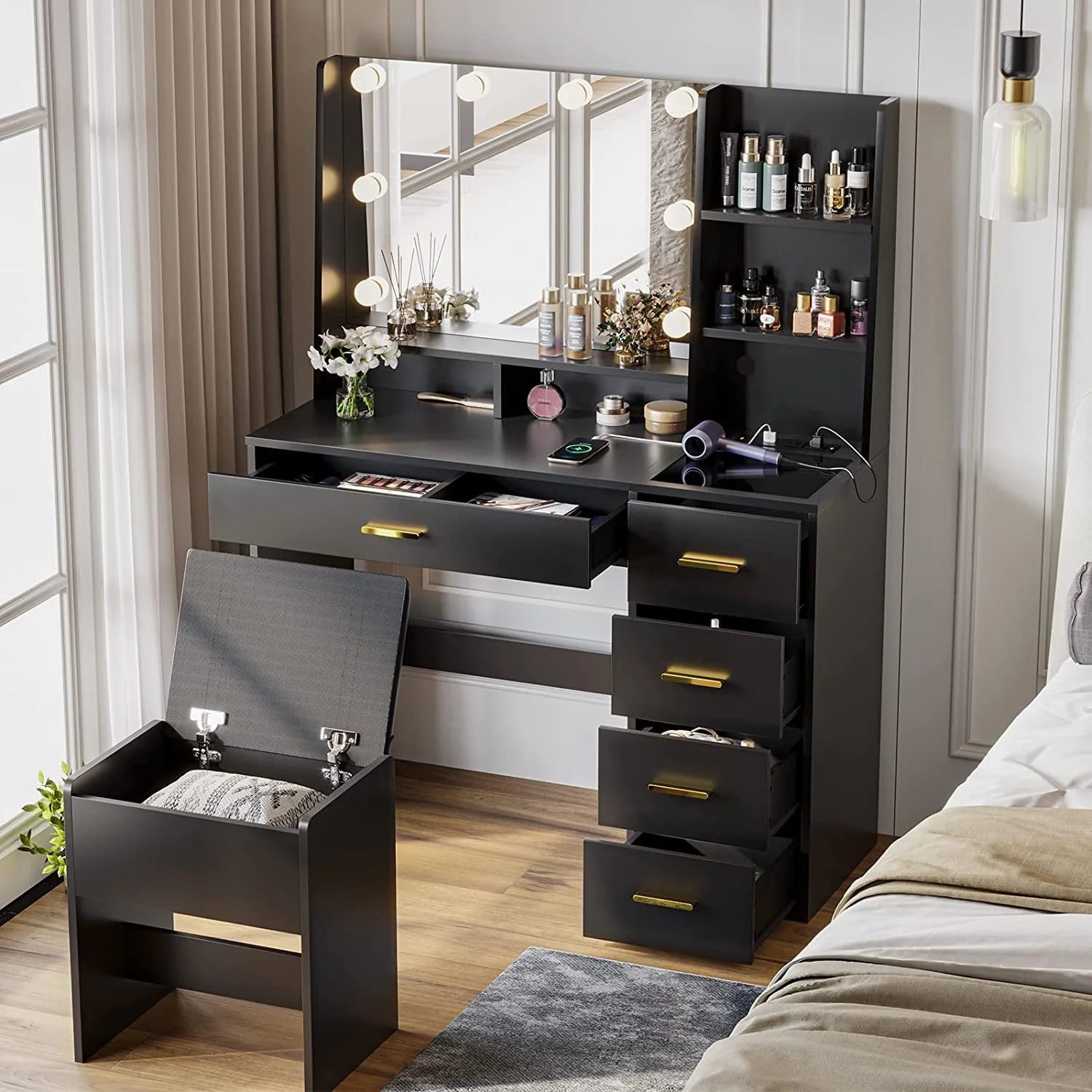 Black Vanity Set with Lights & Charging Station & Cushioned Stool, Modern Makeup Vanity Desk Table with Visible Drawers and Open Storage Shelves for Women Girls