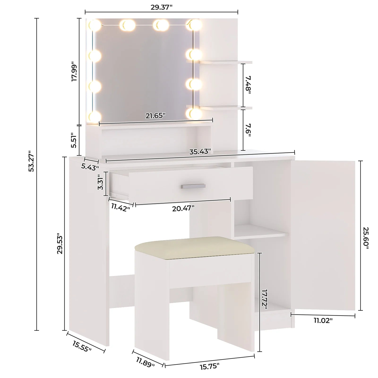 Ktaxon Vanity Set with 3 Color Lighted Mirror, Makeup Table with 3 Storage Shelves & Drawers, Dressing Table Makeup Desk with Stool,White