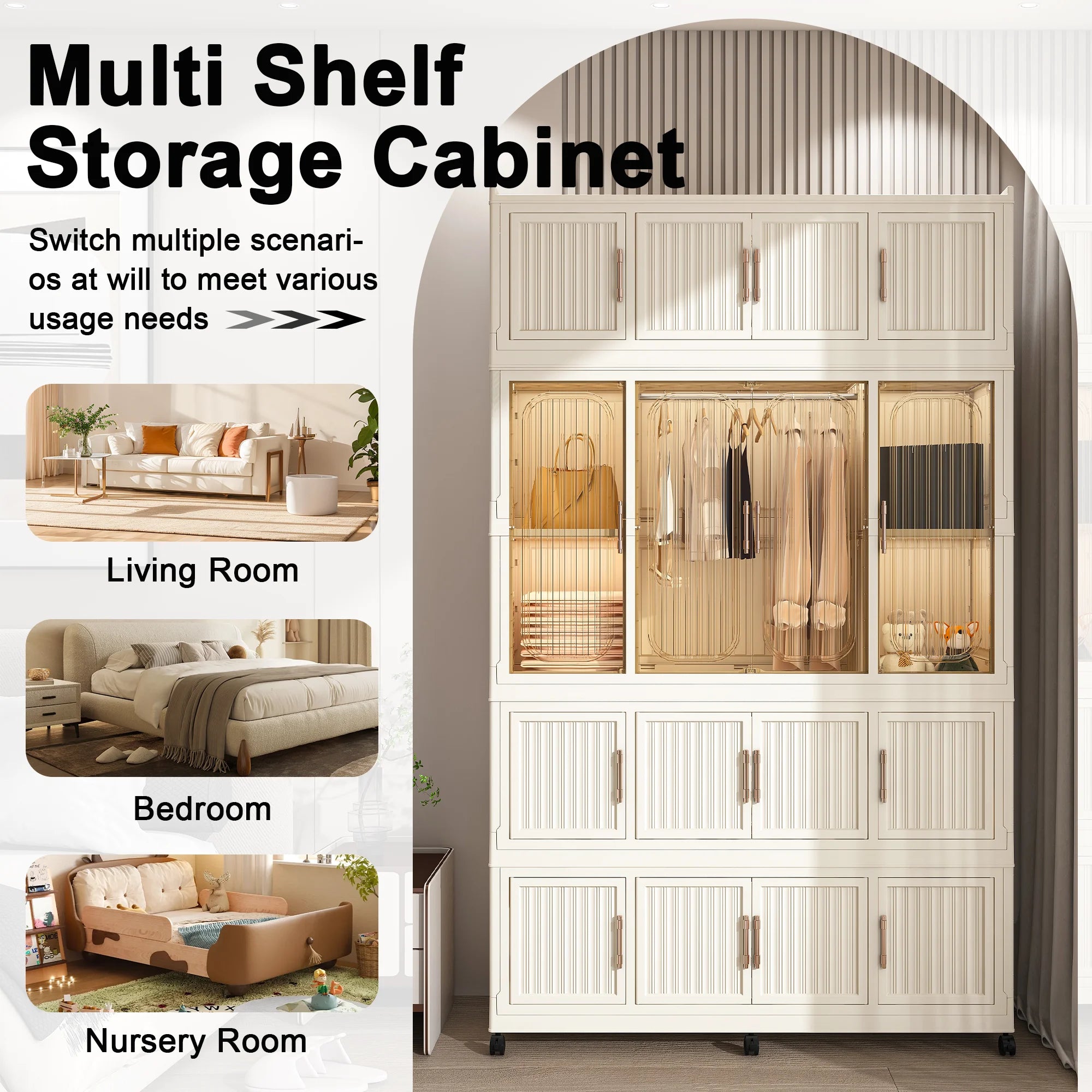 Montary Kids Portable Wardrobe w/ Magnetic Doors & Hanging Rod - 4-Cube Plastic Storage Cabinet,Nursery/Bedroom