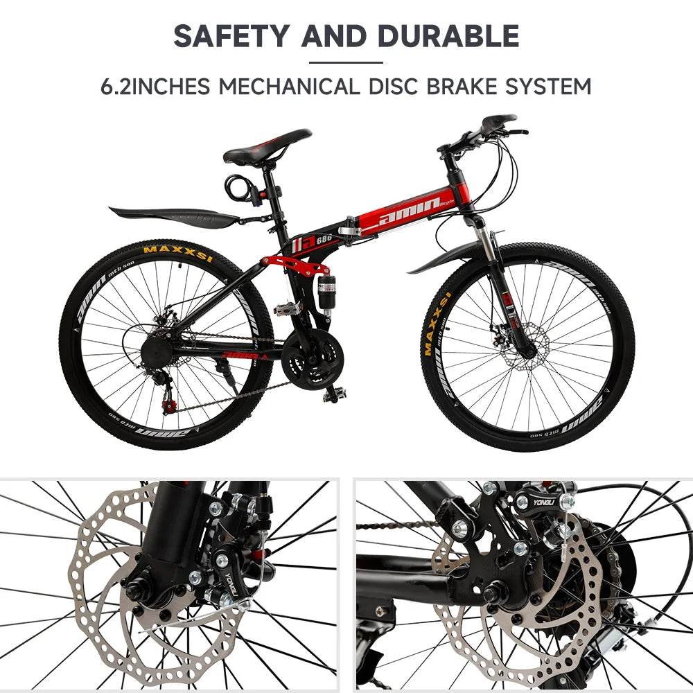 Artudatech Folding Mountain Bike 26 Inch Shimano 21 Speed Dual Disc Brake - Adult - Red