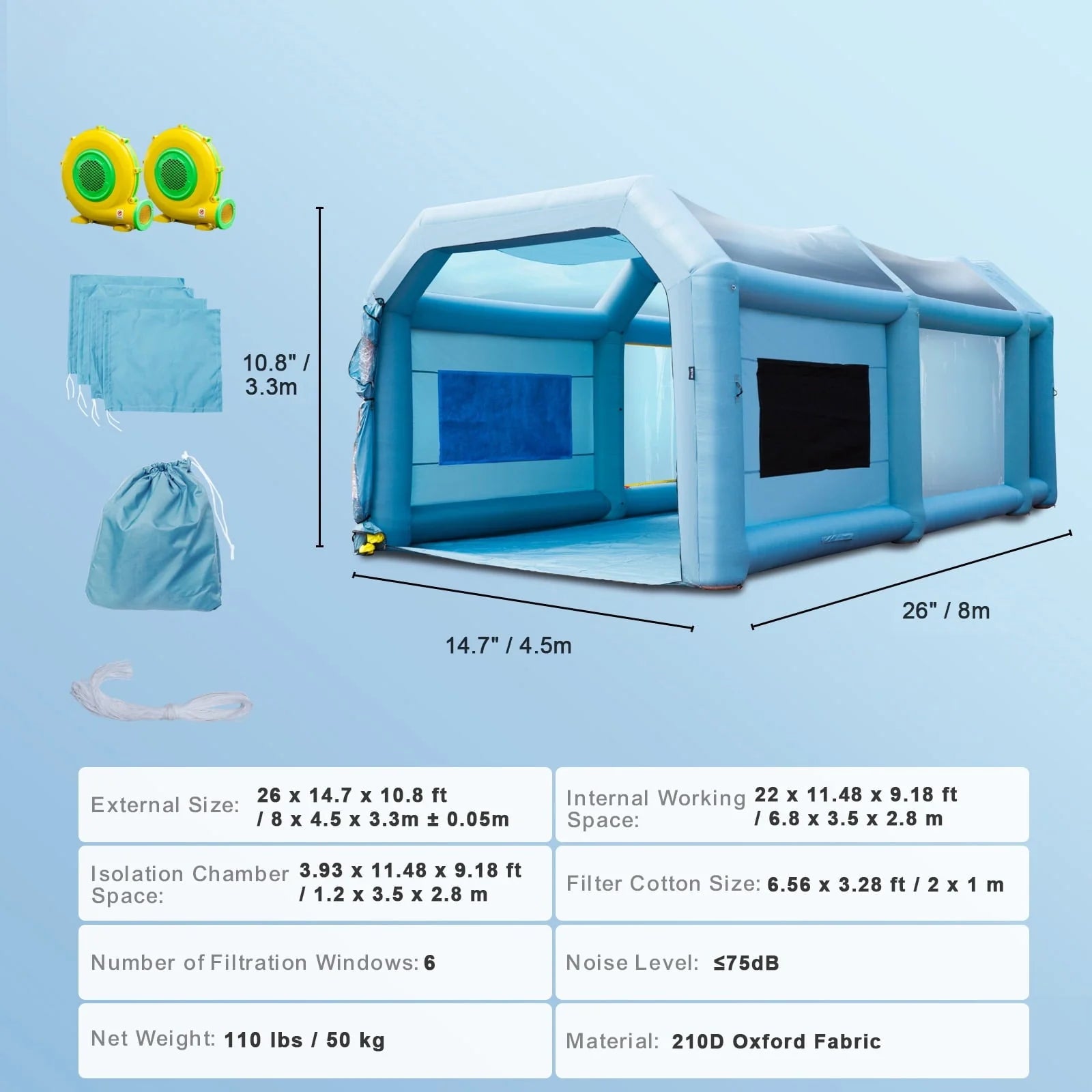 BENTISM Inflatable Paint Booth 26x15x11ft Inflatable Spray Booth Car Paint Tent with 750W+950W Filter System Blower