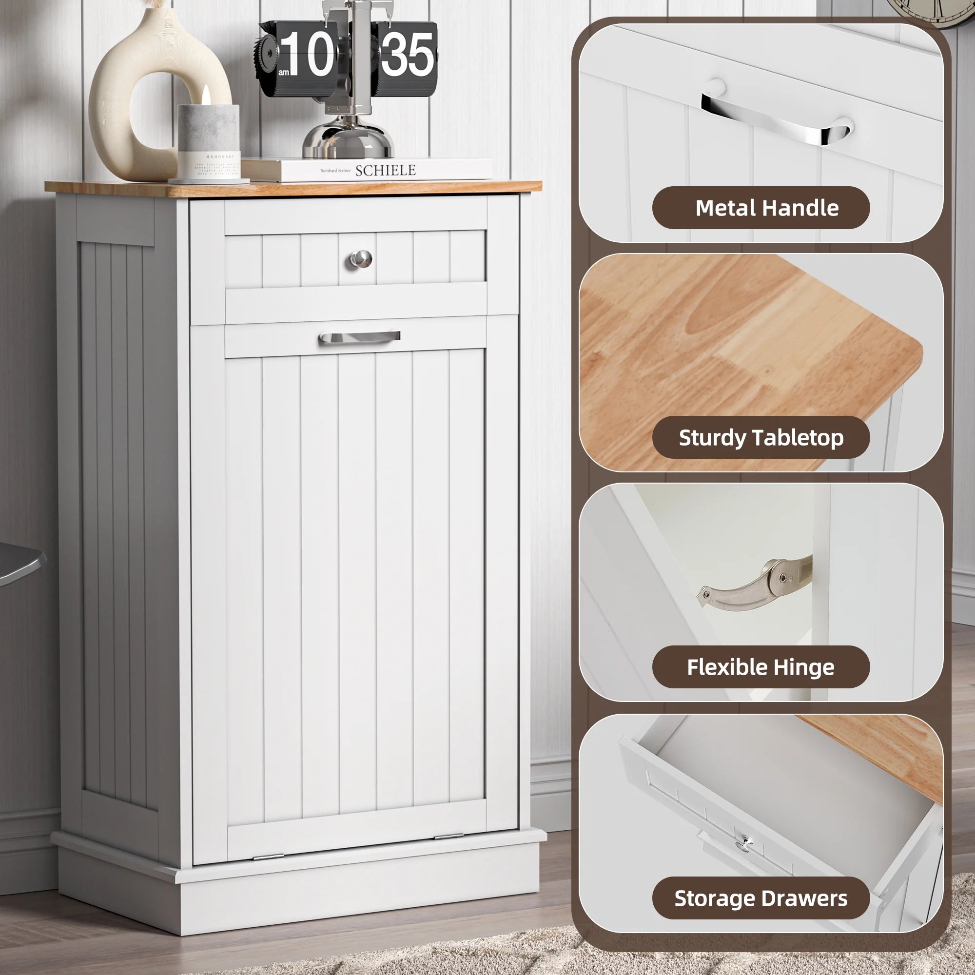 HARIPUL Single Tilt Out Trash Cabinet for 13 Gallon Waste Bin, Free Standing Kitchen Trash Can Cabinet with Drawers, White