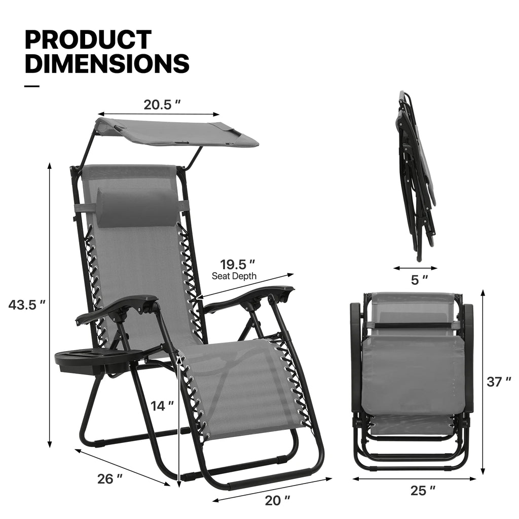 MoNiBloom Zero Gravity Chairs Set of 2, Folding Outdoor Patio Beach Recliner with Canopy Shade & Headrest, Black