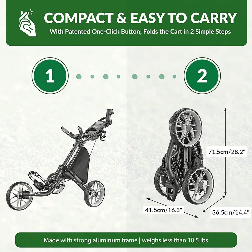 3Wheel Golf Push Cart - Golf Trolley Foldable Collapsible Lightweight Pushcart with Foot Brake - Easy to Open & Close