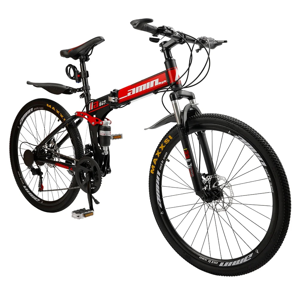 Artudatech Folding Mountain Bike 26 Inch Shimano 21 Speed Dual Disc Brake - Adult - Red